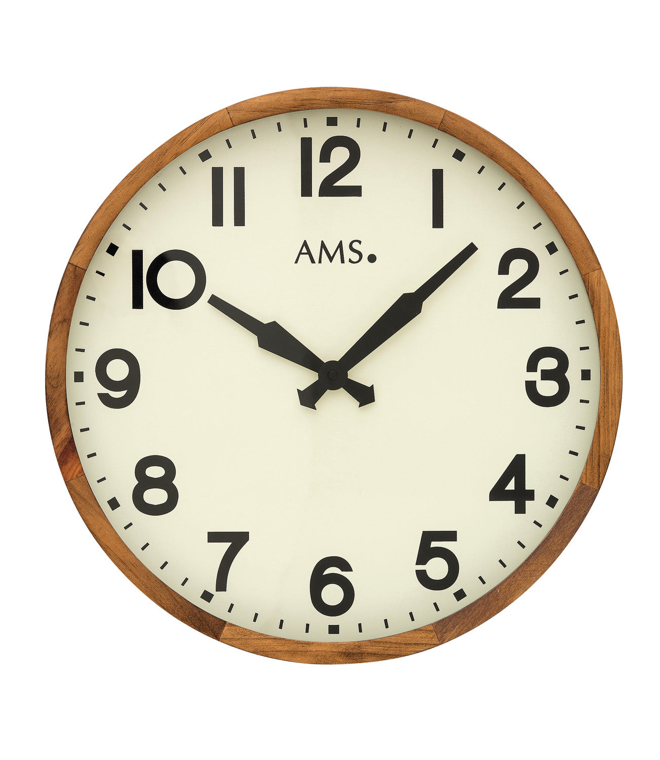 Horloge murale ronde avec boîtier en bois massif et verre minéral, cadran crème, chiffres noirs