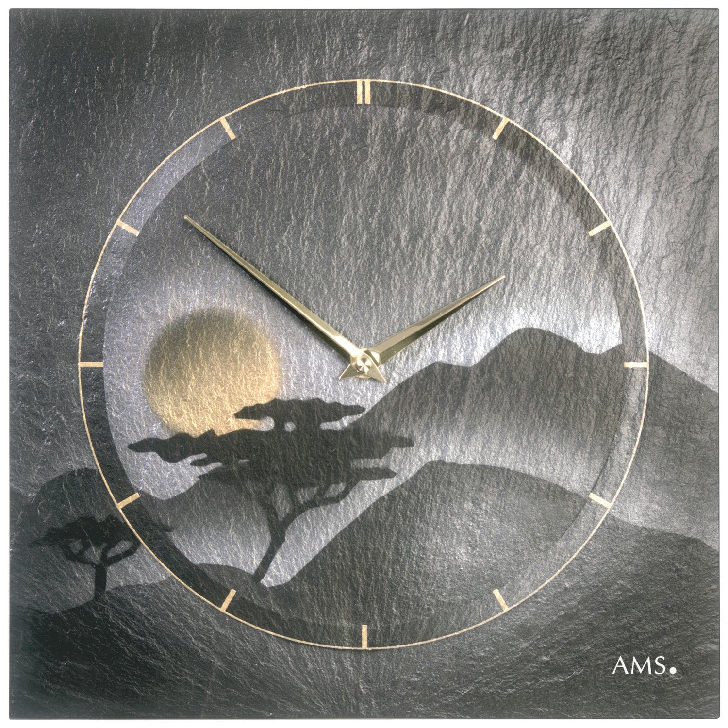 Horloge murale en ardoise naturelle avec cadran rond et airbrush de paysage, aiguilles dorées