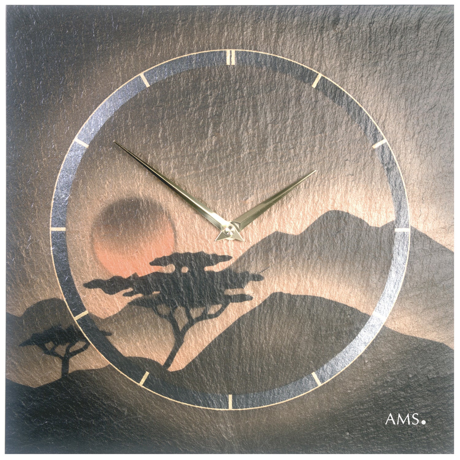 Horloge murale en ardoise naturelle avec cadre rond, illustration d'arbre et aiguilles
