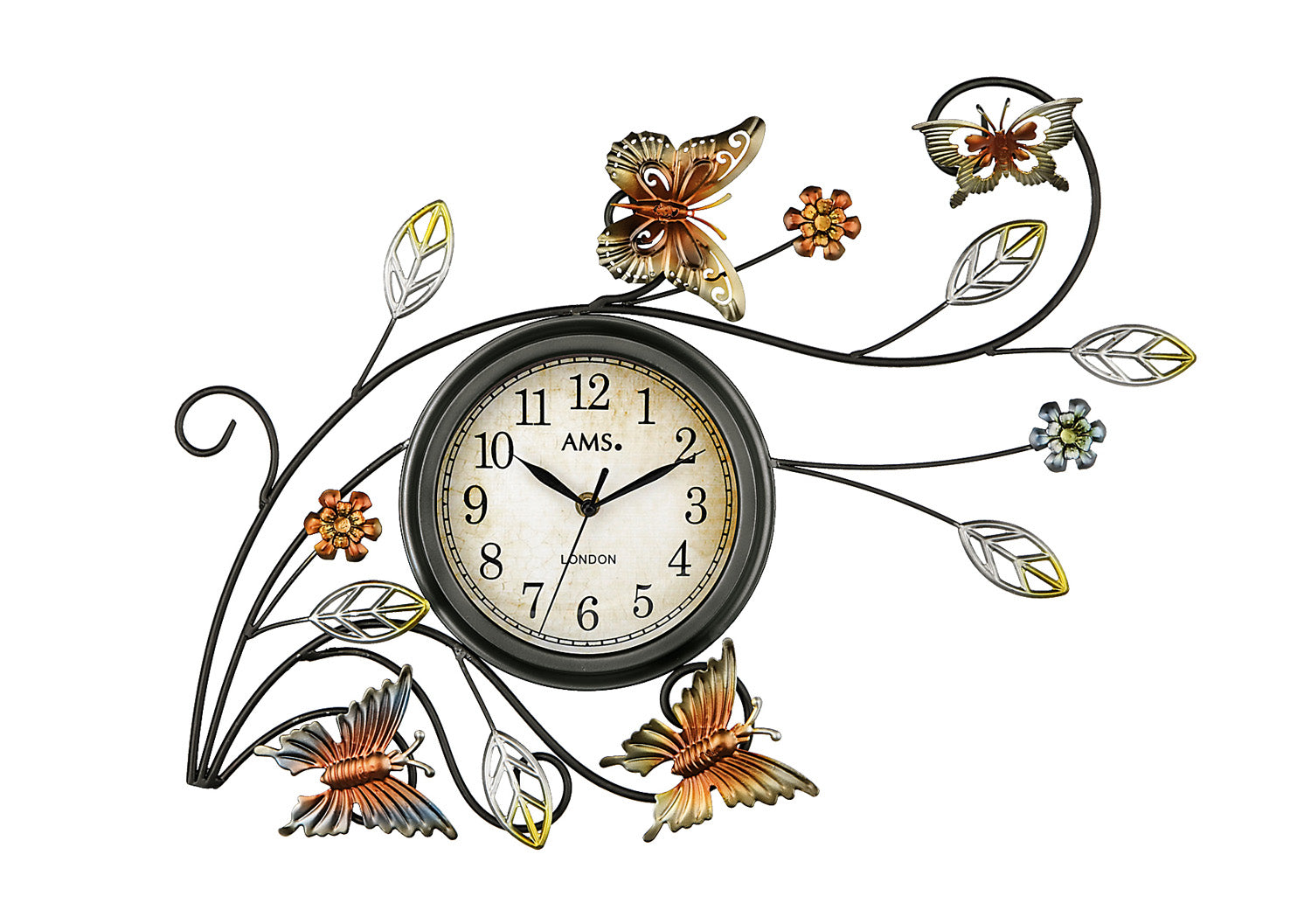 Horloge murale avec cadran rond et ornements métalliques en forme de papillon