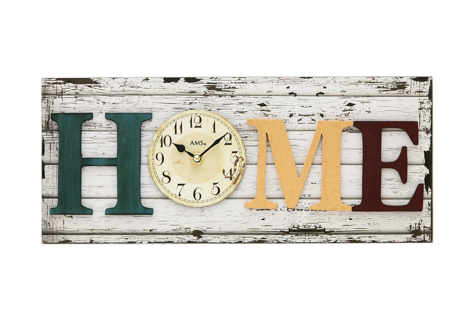 Horloge murale rectangulaire en bois avec cadran en verre, décorée de l'inscription HOME