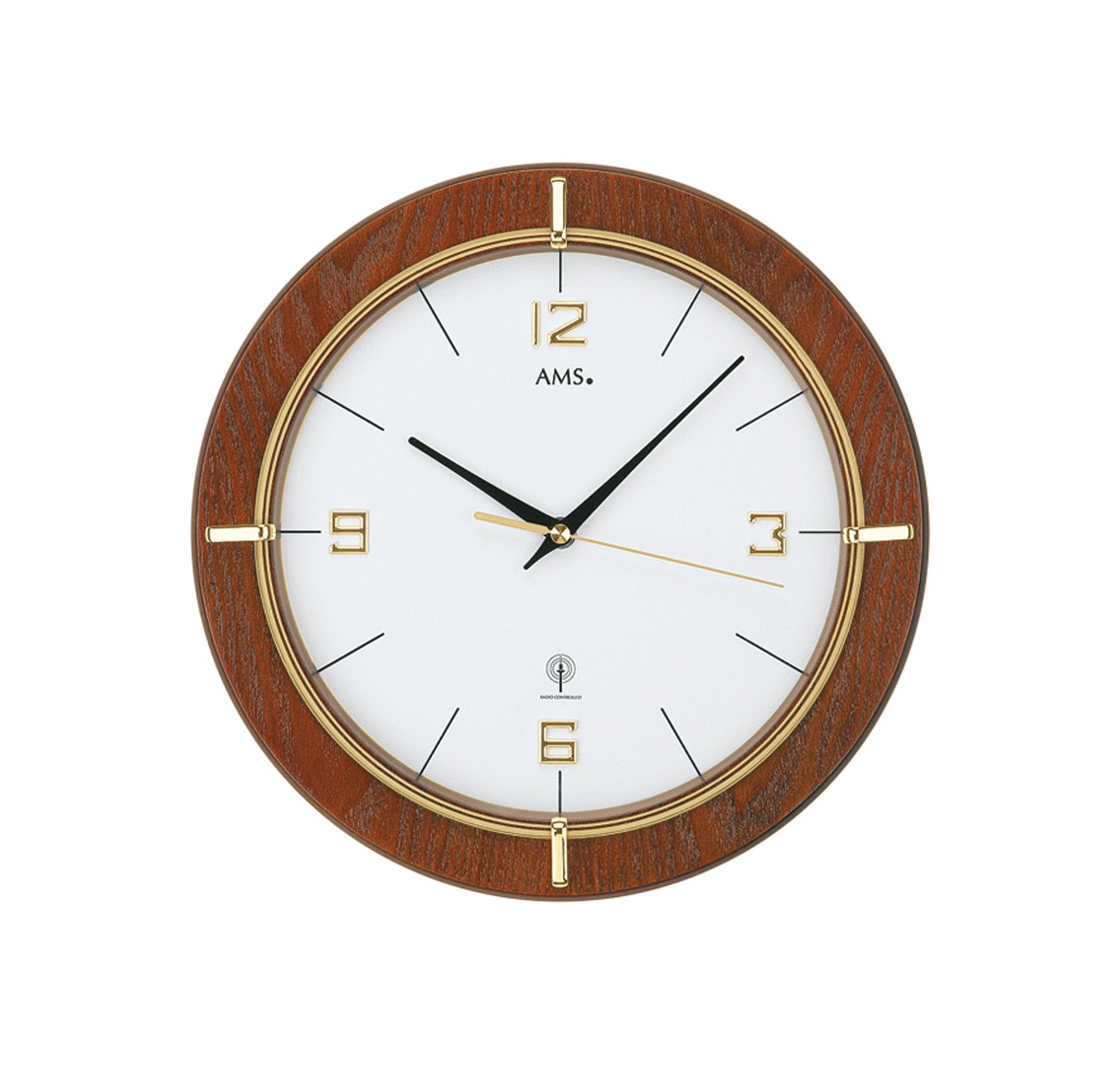 Horloge murale AMS avec cadre couleur noyer, cadran blanc et chiffres dorés