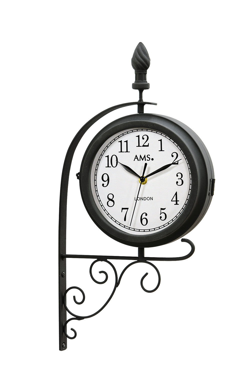 Horloge murale avec cadran noir et cadre en métal orné, verre minéral