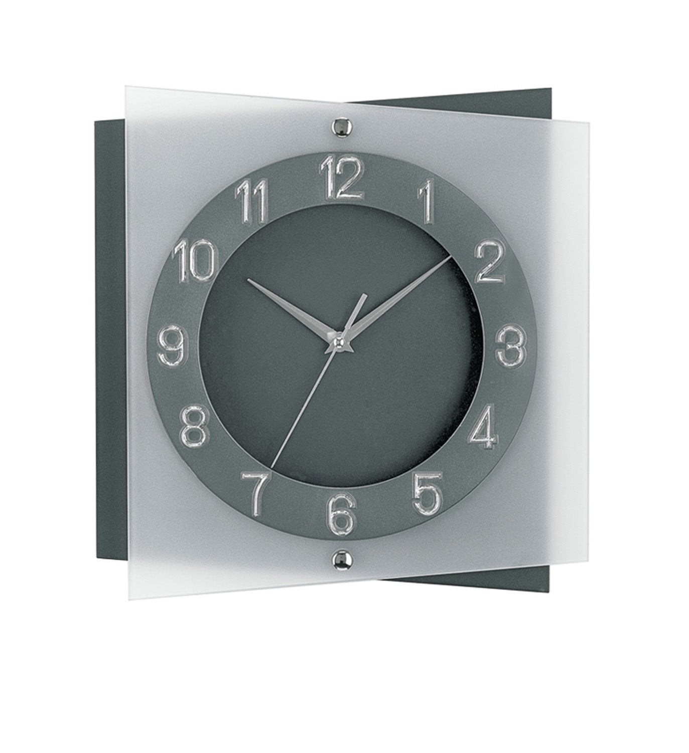 Horloge murale anthracite avec cadran rond et aiguilles argentées, verre minéral
