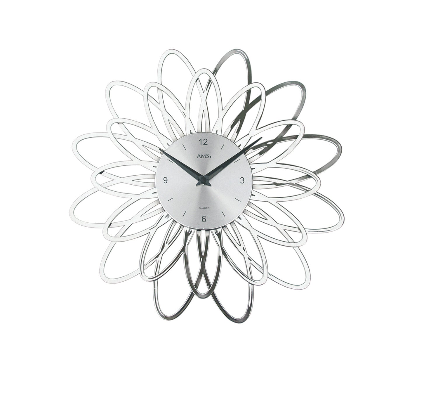 Horloge murale AMS avec aspect floral en métal et cadran blanc, aiguilles noires