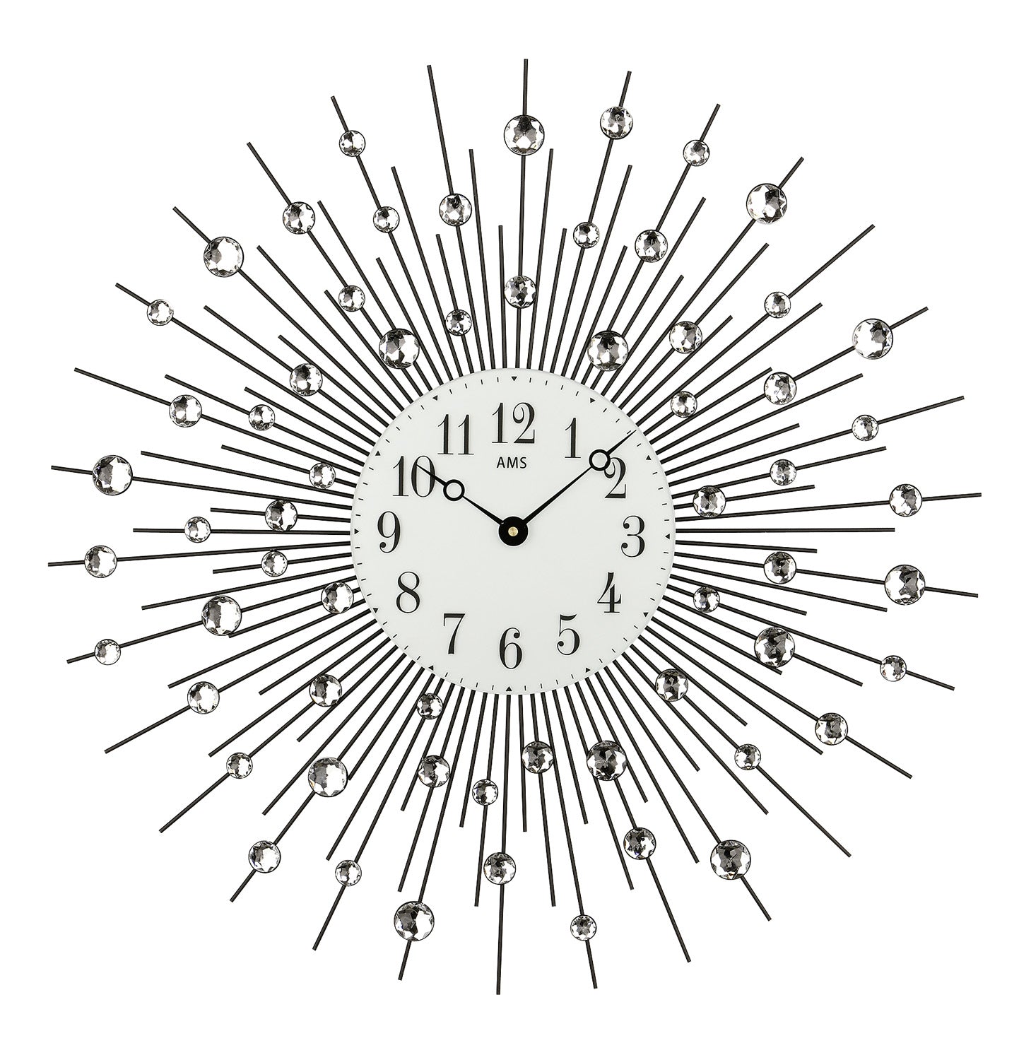 Horloge murale AMS avec boîtier en métal noir et verre minéral, anneau métallique radial