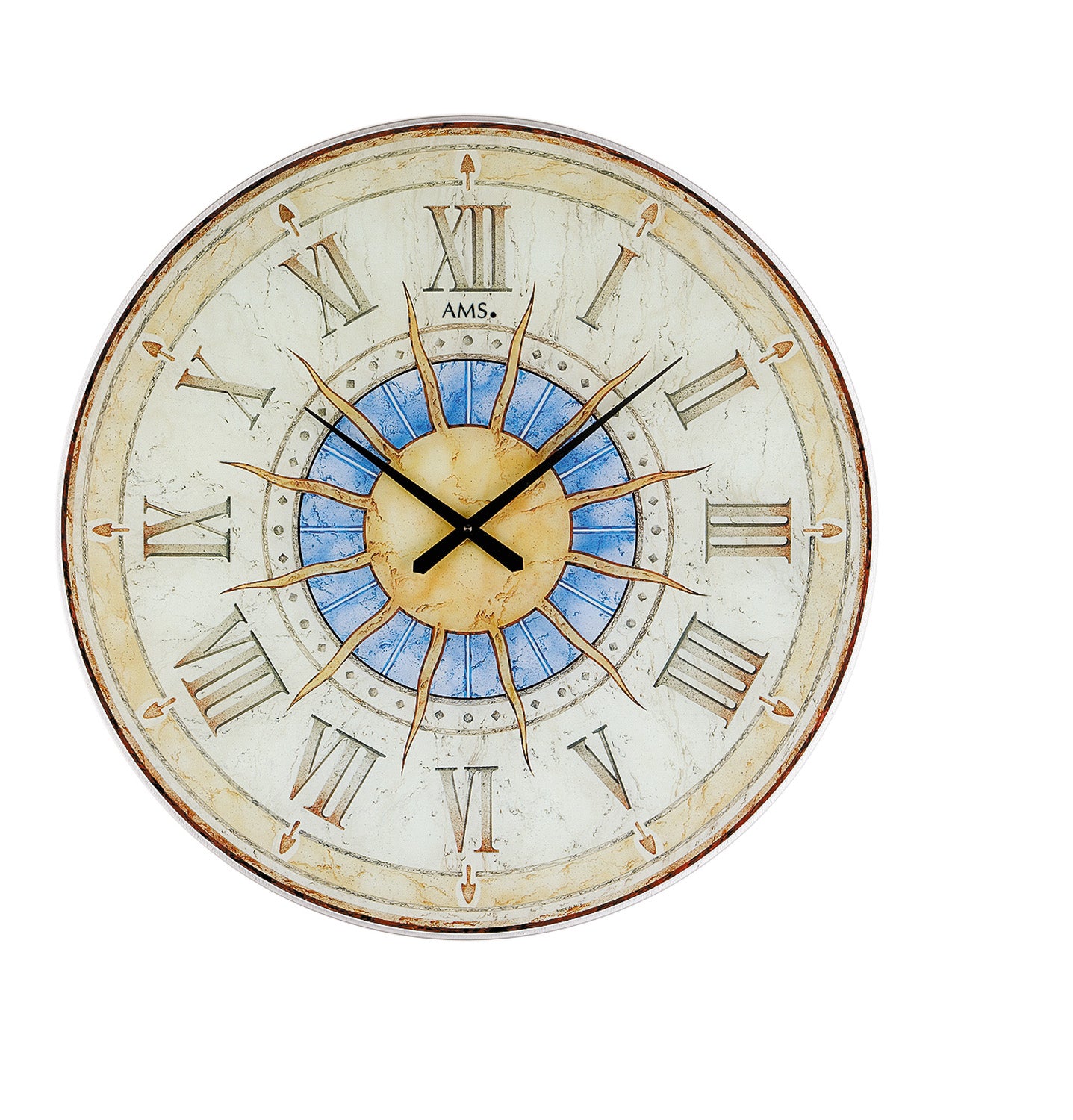 Horloge murale AMS avec design soleil, chiffres romains et aiguilles sous verre