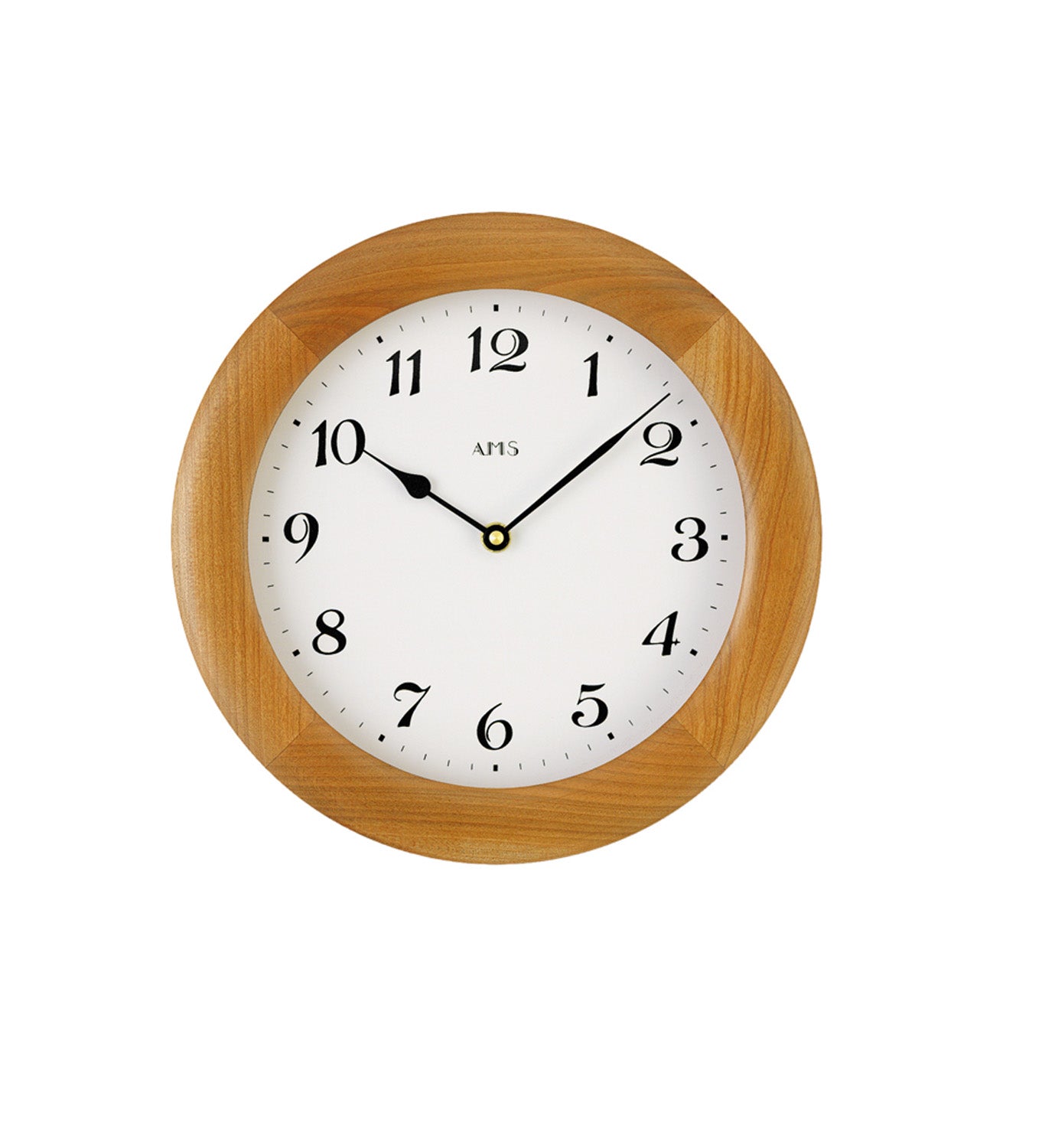 Horloge murale avec boîtier rond en bois, cadran blanc et aiguilles noires