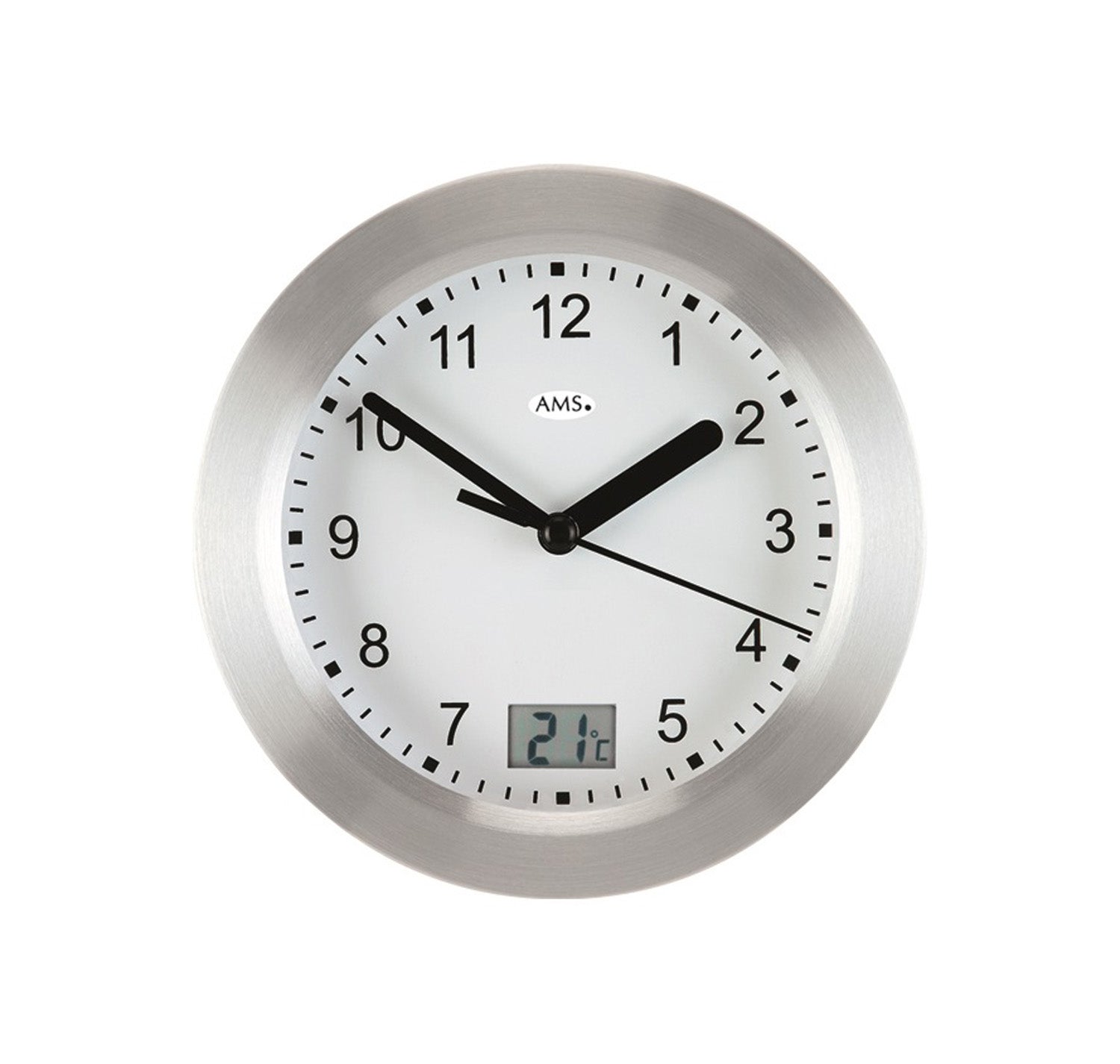 Horloge murale ronde à quartz avec cadre argenté, cadran blanc, aiguilles noires et affichage de la date