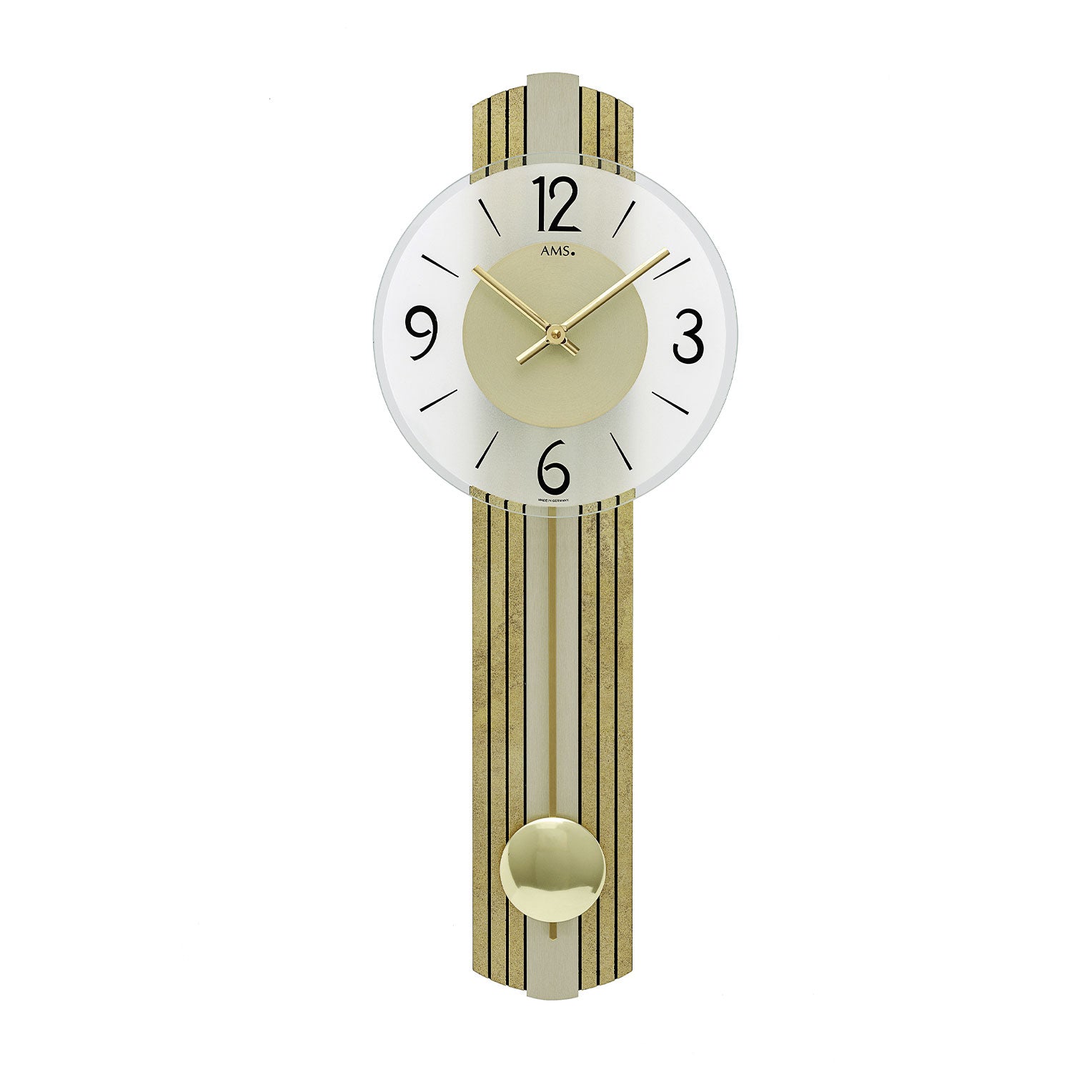 Horloge murale AMS avec cadran rond blanc, aiguilles dorées et bande de pendule