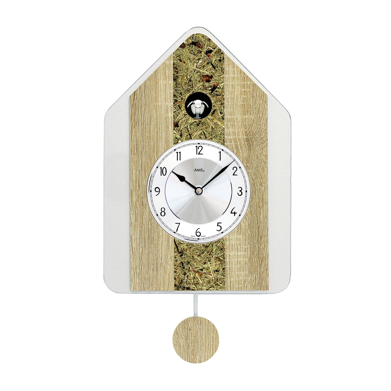 Horloge murale design maison avec boîtier en bois, cadran blanc et balancier