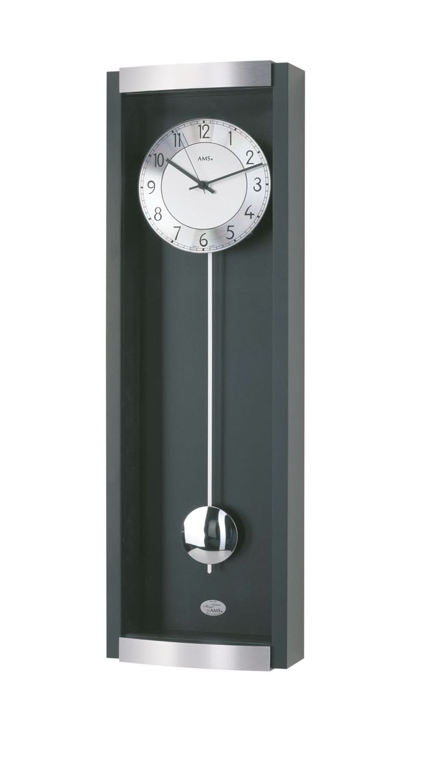 Horloge murale noire à balancier avec façade en verre et balancier métallique visible