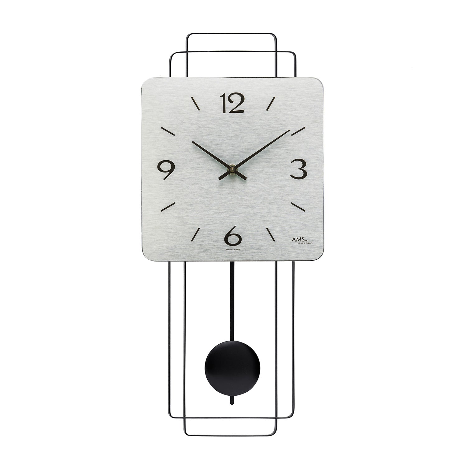 Horloge murale avec cadran en métal, chiffres noirs et poids oscillant