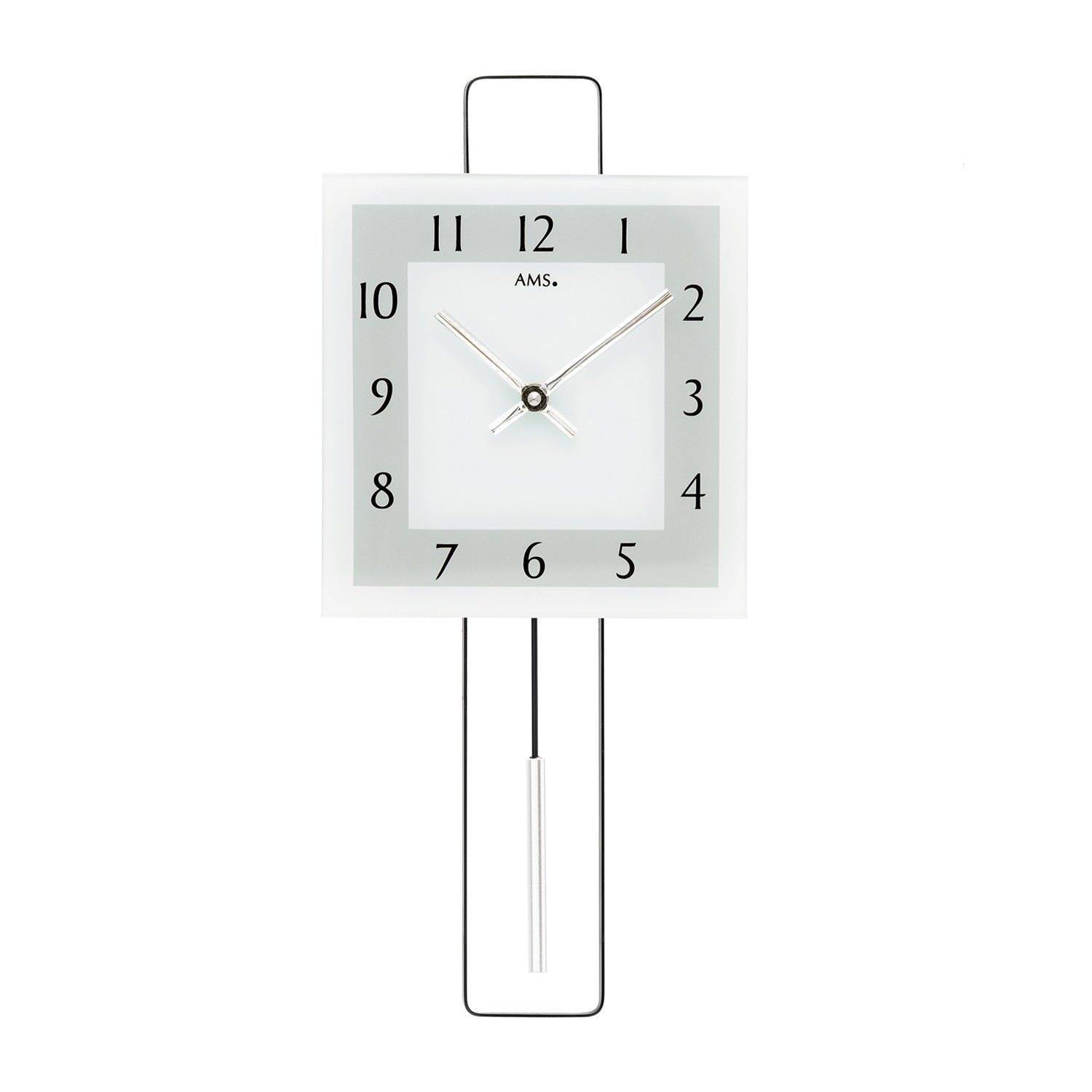Horloge murale avec cadran carré blanc, aiguilles argentées et balancier rectangulaire