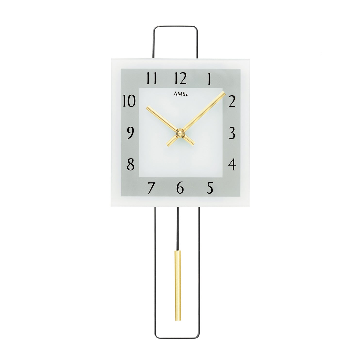 Horloge murale AMS avec boîtier rectangulaire en métal, aiguilles dorées et mouvement à pendule