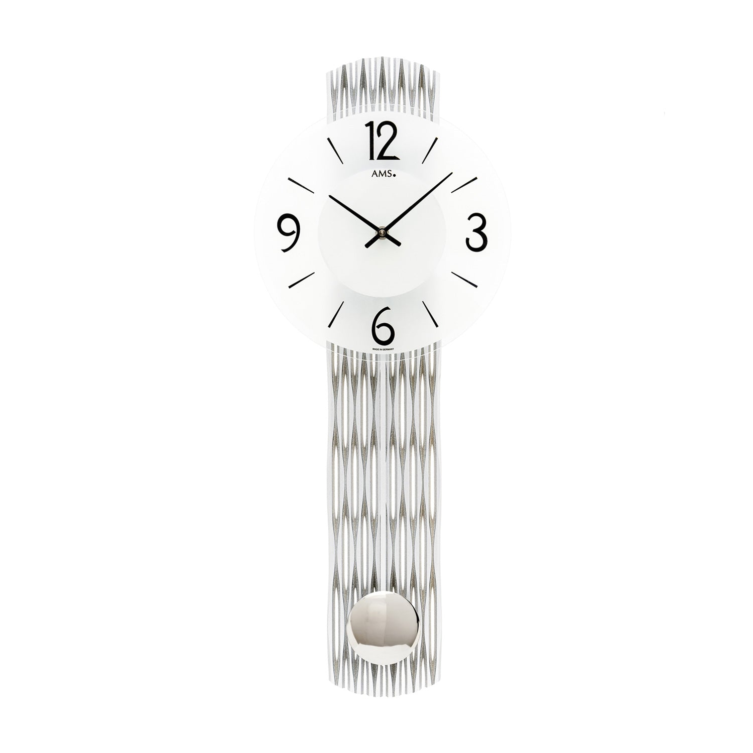 Horloge murale avec boîtier nervuré argenté et pendule, cadran rond