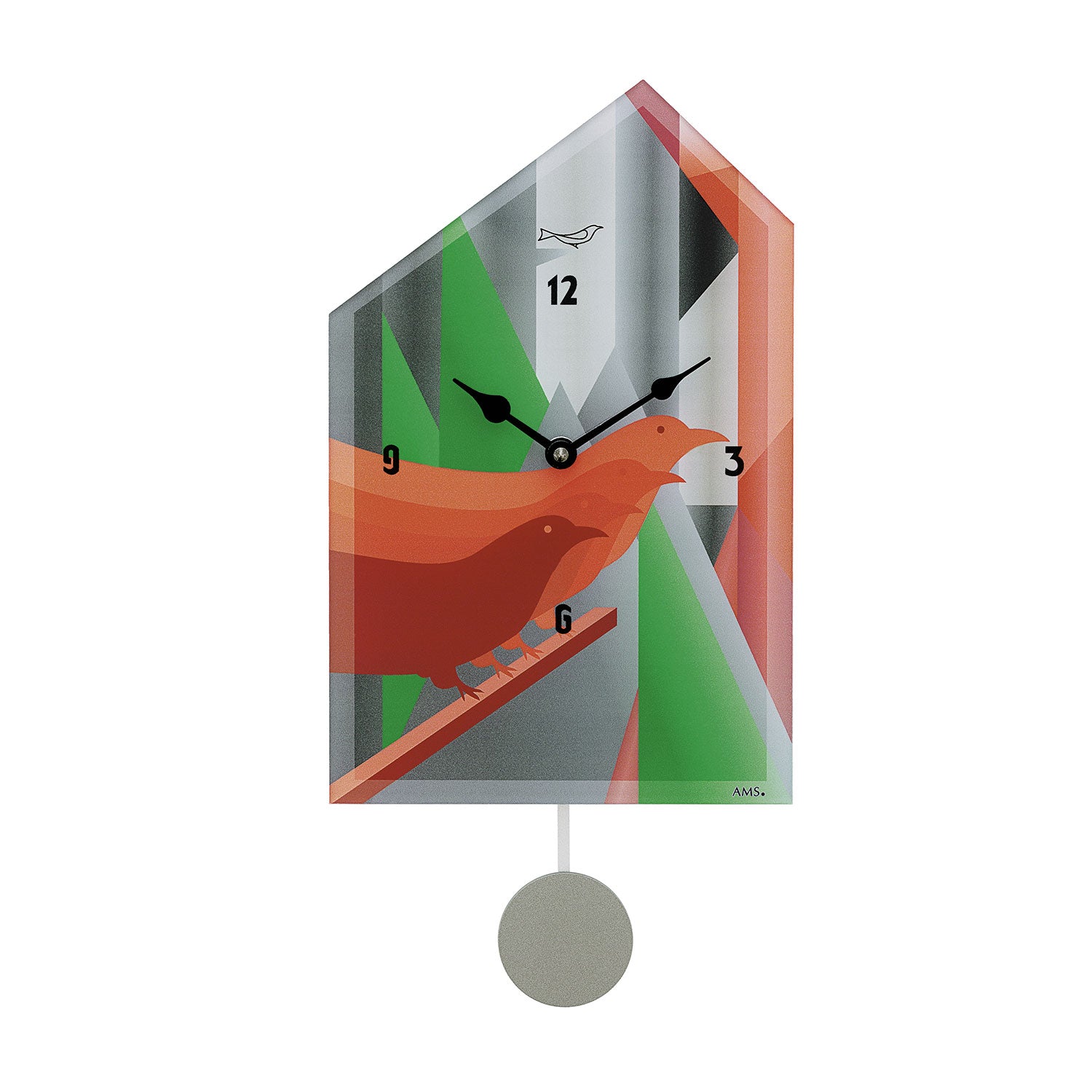 Horloge murale avec poids à pendule et chiffres, motif multicolore avec oiseau
