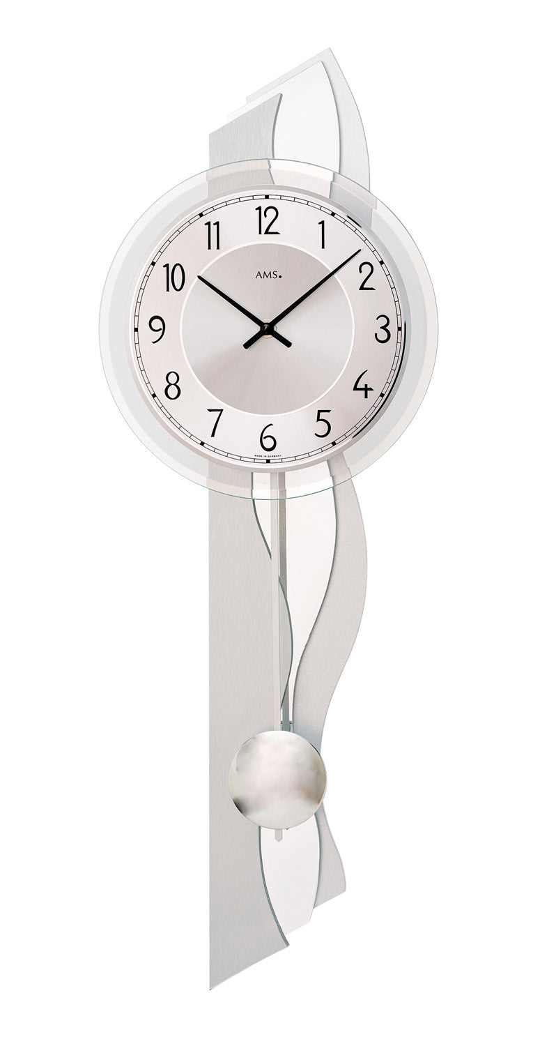 Horloge murale avec cadran rond, pendule en aluminium et verre biseauté, argentée