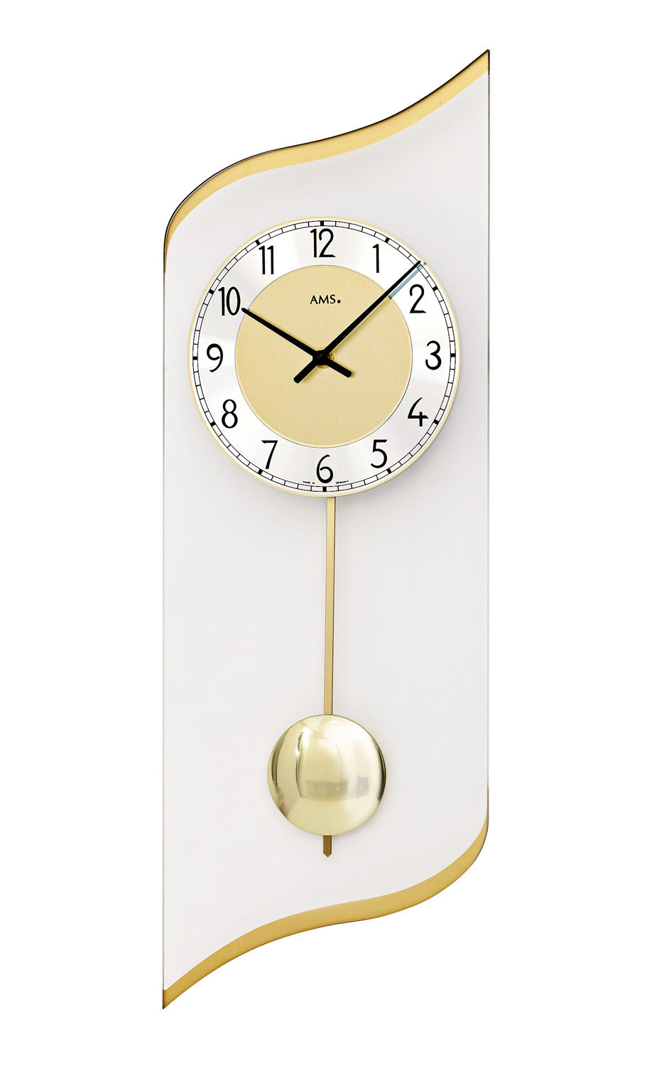Horloge murale avec mouvement à quartz et pendule : cadran blanc, aiguilles noires, cadre et pendule en laiton