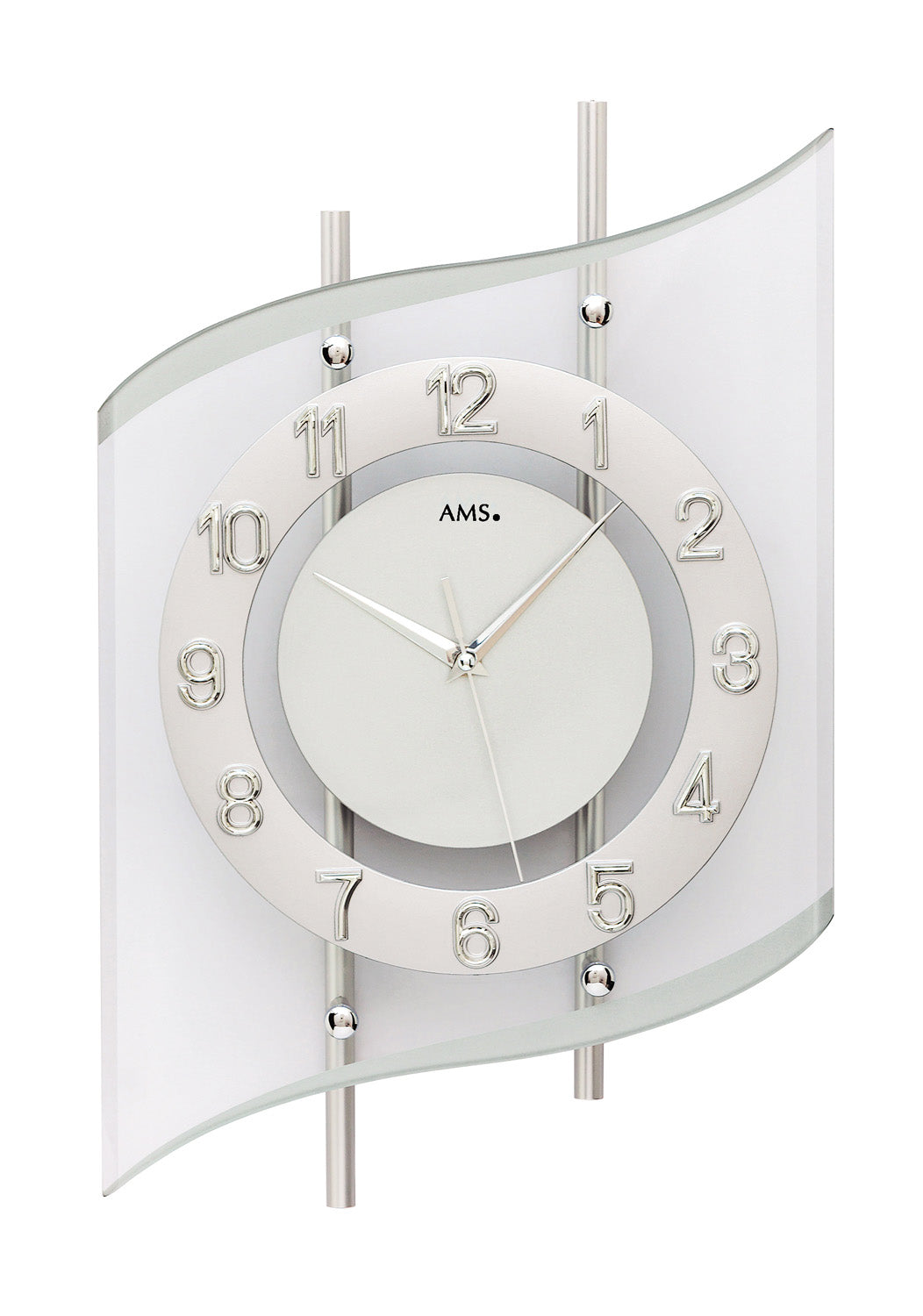 Horloge murale argentée avec cadran rond et verre minéral, boîtier en métal, cadran blanc