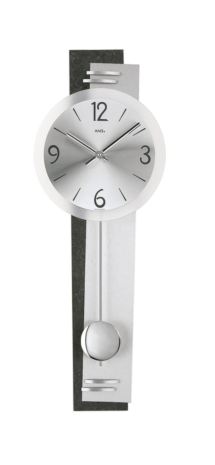 Horloge murale avec cadran rond, verre minéral, cadre couleur ardoise et poids de balancier