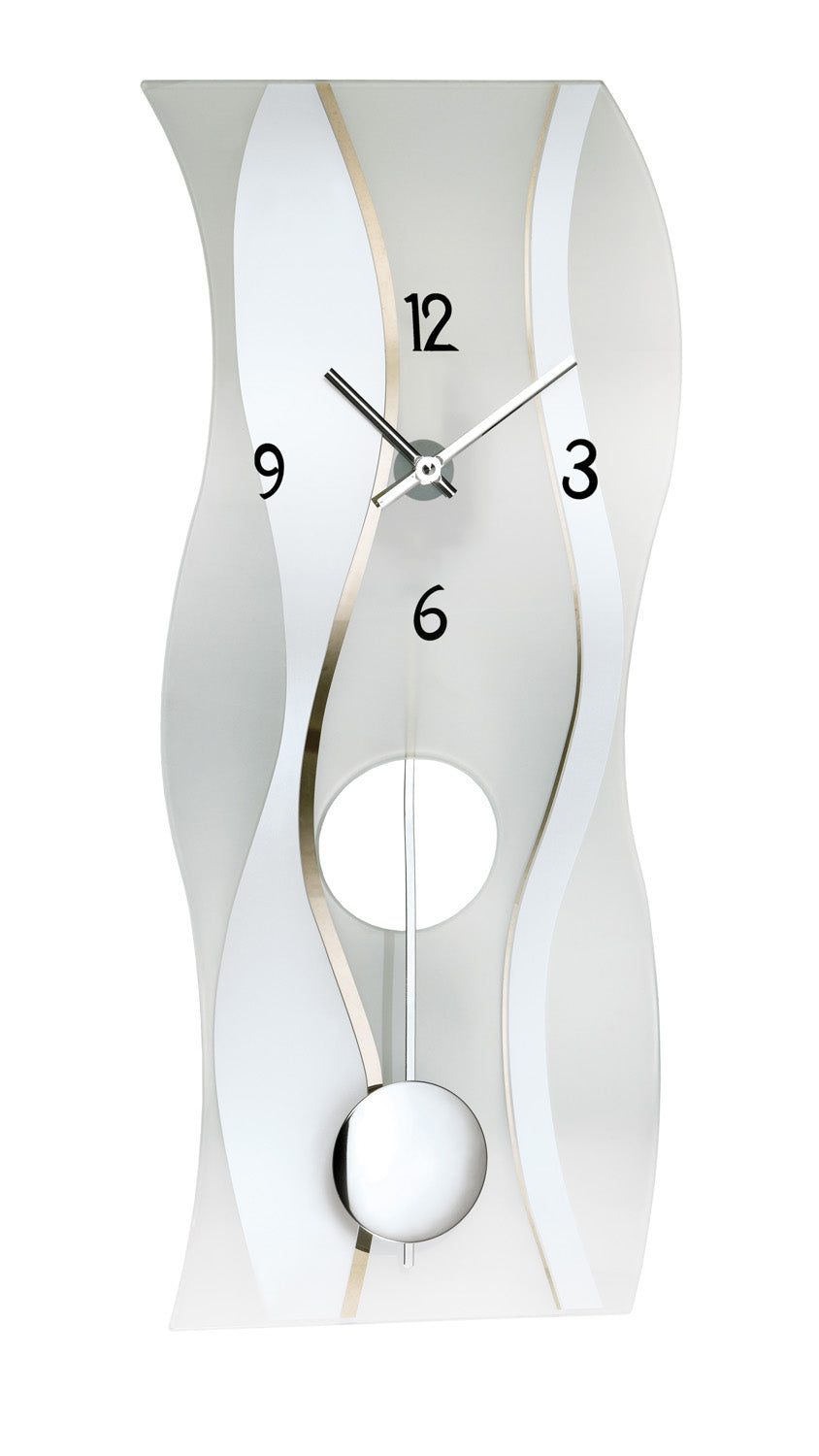 Horloge murale AMS avec mouvement à quartz et pendule, verre minéral, chiffres ronds 1–12, aiguilles noires, pendule.
