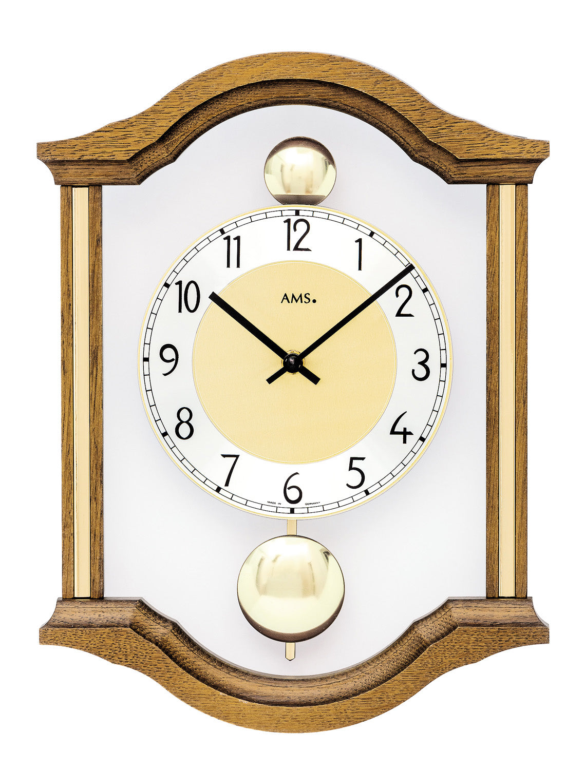 Horloge murale avec boîtier rond en bois massif couleur chêne et vitre en verre