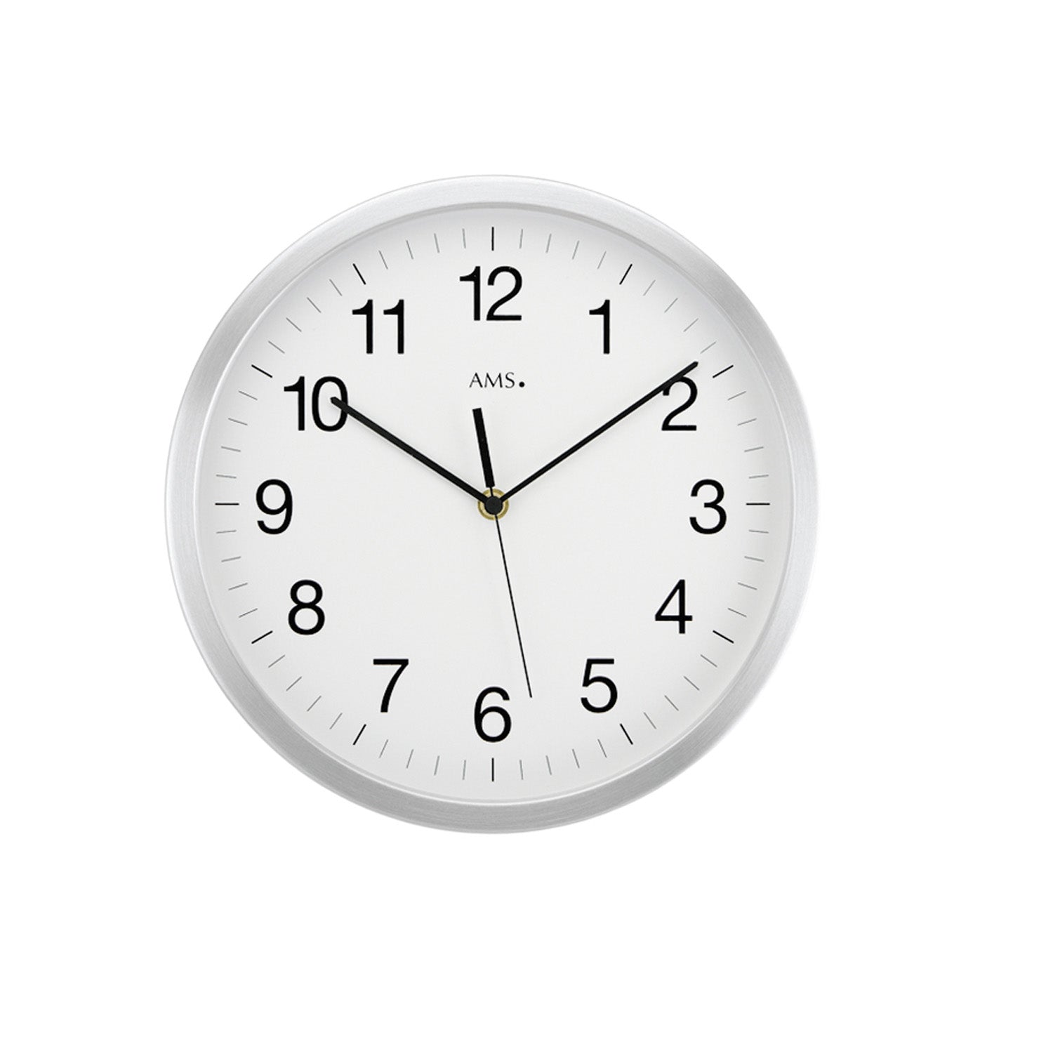 Horloge murale ronde sans fil avec boîtier argenté, cadran blanc et aiguilles noires