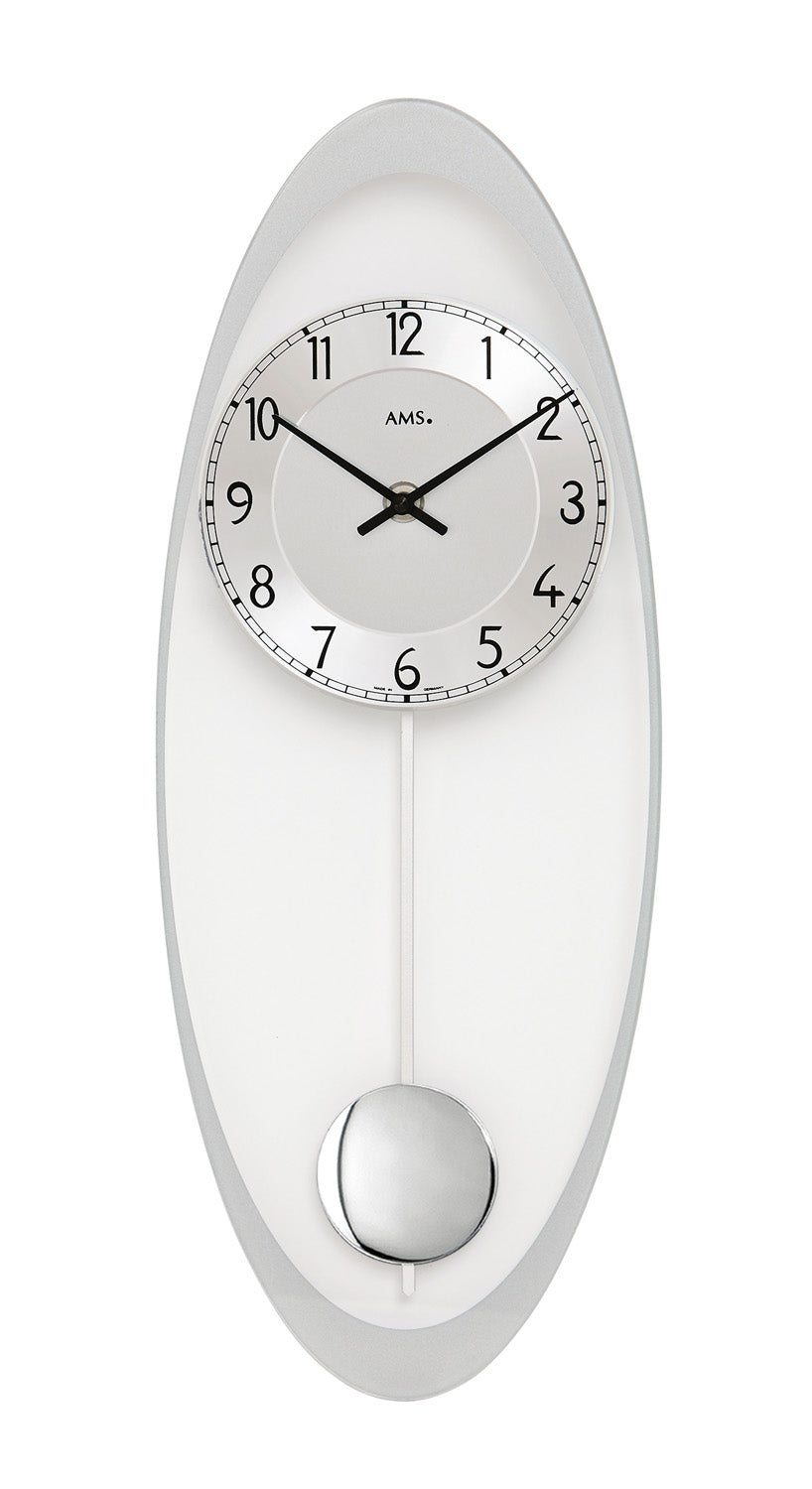 Horloge murale AMS avec boîtier ovale, cadran argenté et balancier