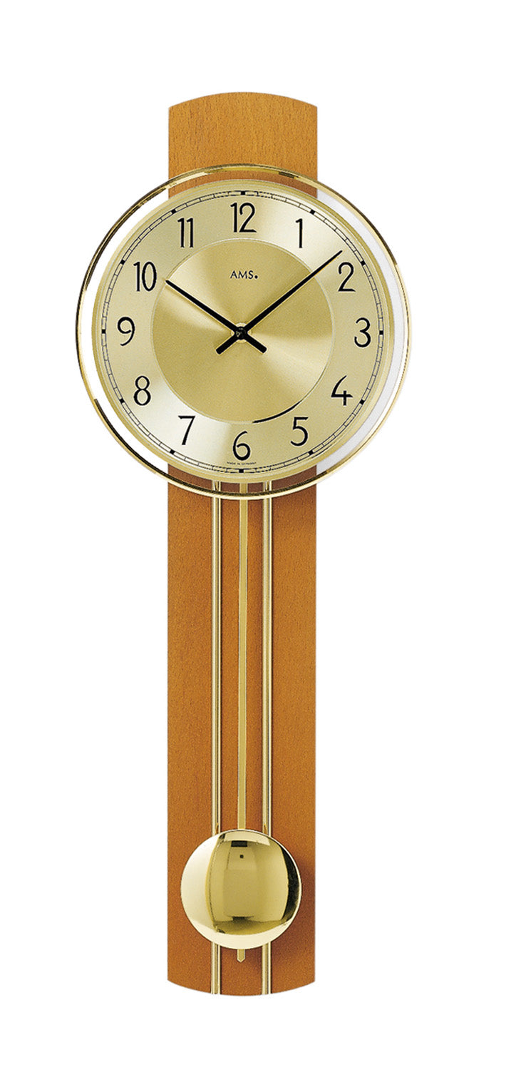 Pendule AMS en quartz avec boîtier en bois couleur cerisier, cadran rond et verre minéral