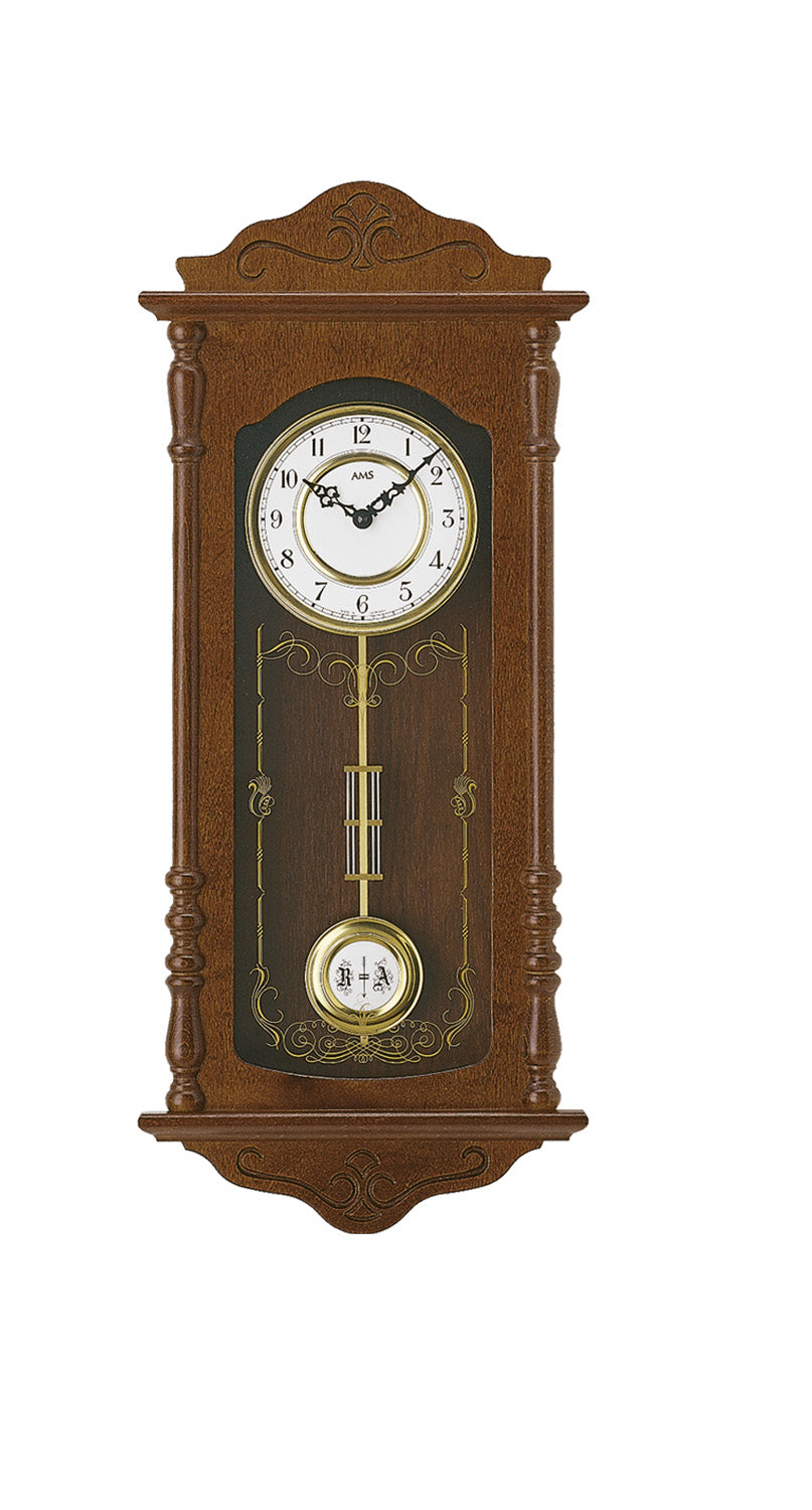 Horloge murale en noyer avec pendule, cadran rond et façade en verre