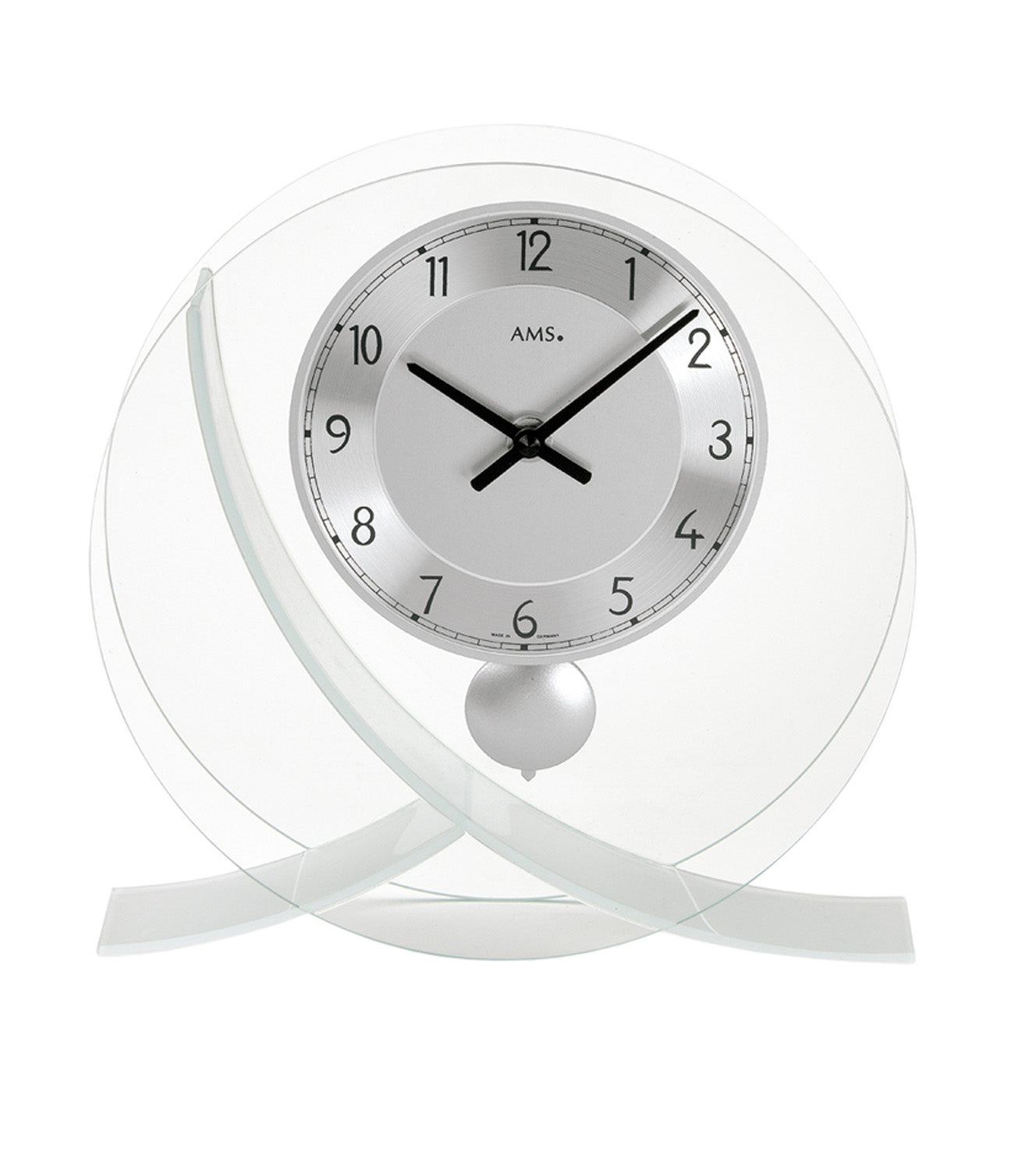Horloge de table avec cadran rond en aluminium, aiguilles noires et mouvement à quartz avec pendule