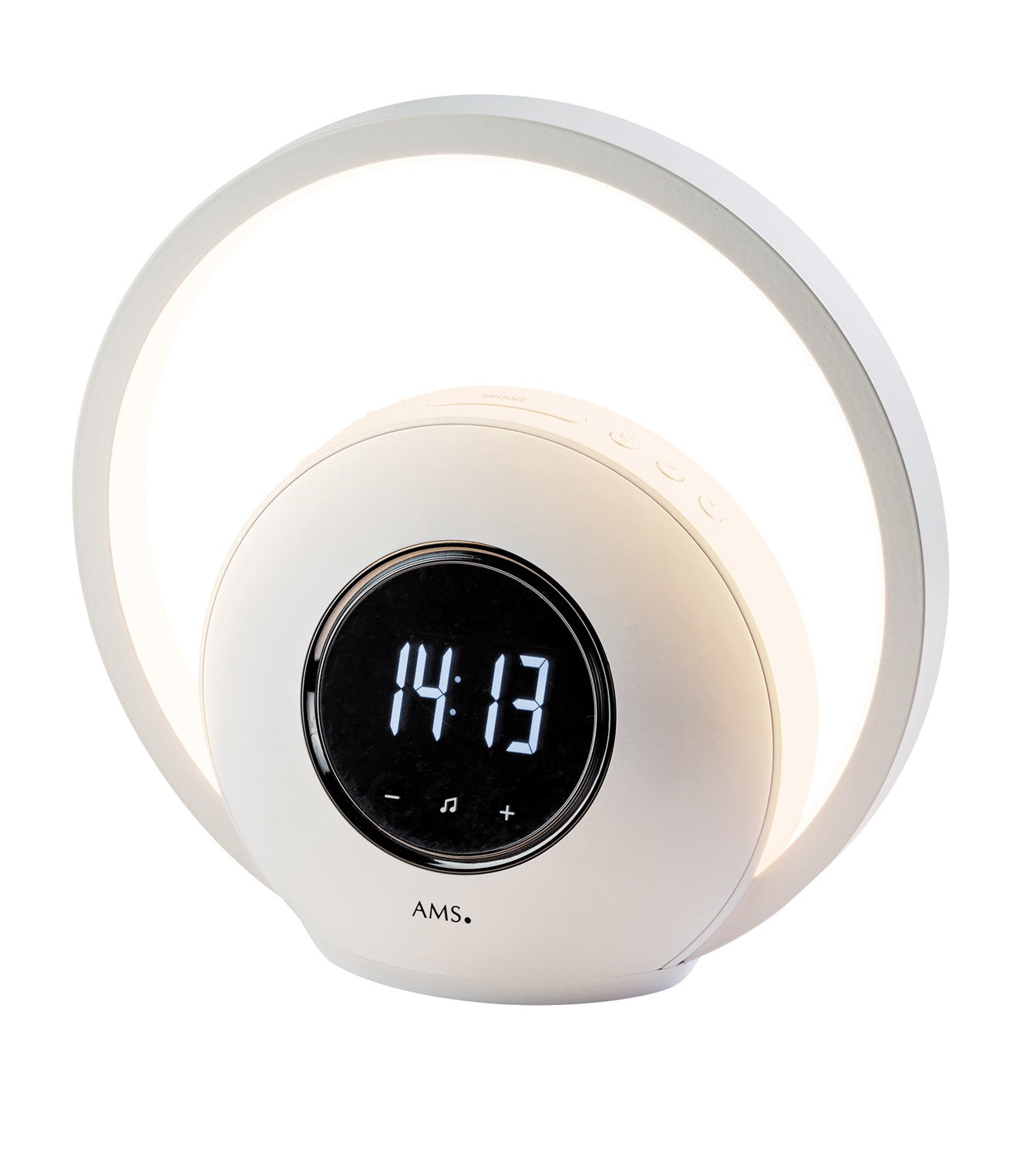Réveil lumineux blanc avec écran rond et affichage de l'heure LED 14:13