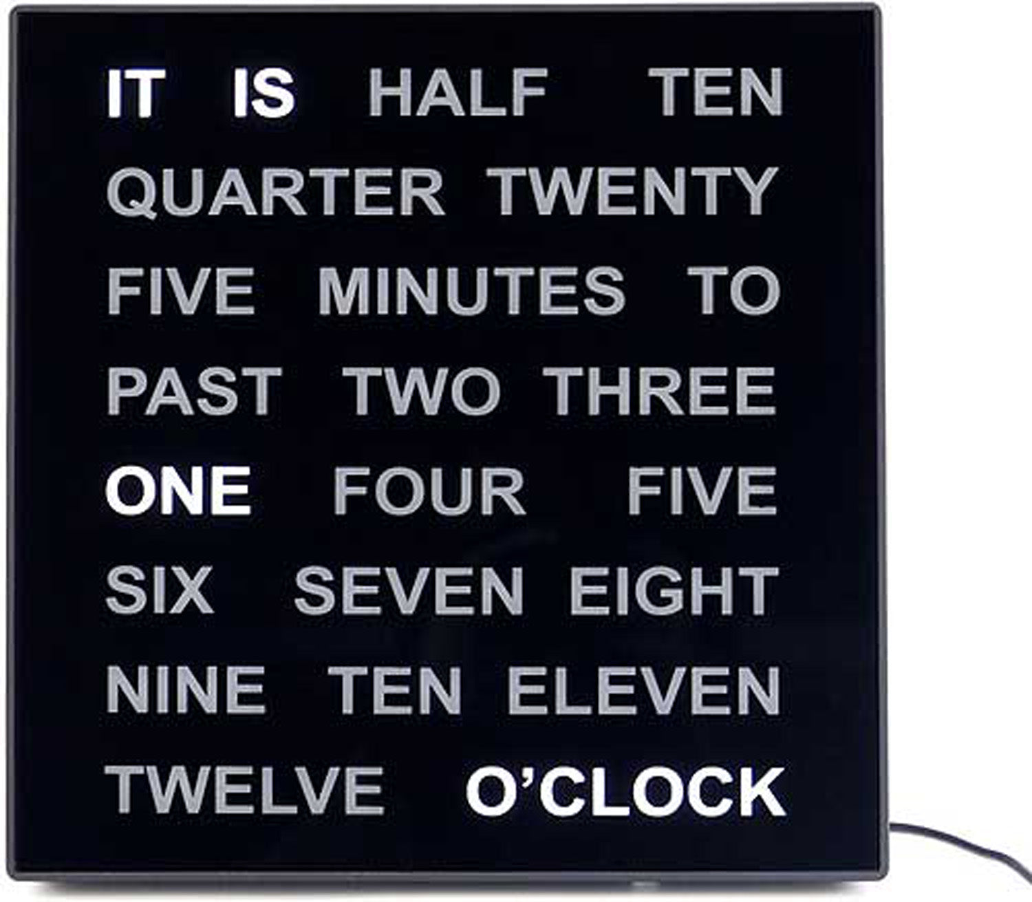 Horloge murale avec affichage LED de mots, façade noire avec mots de temps lisibles