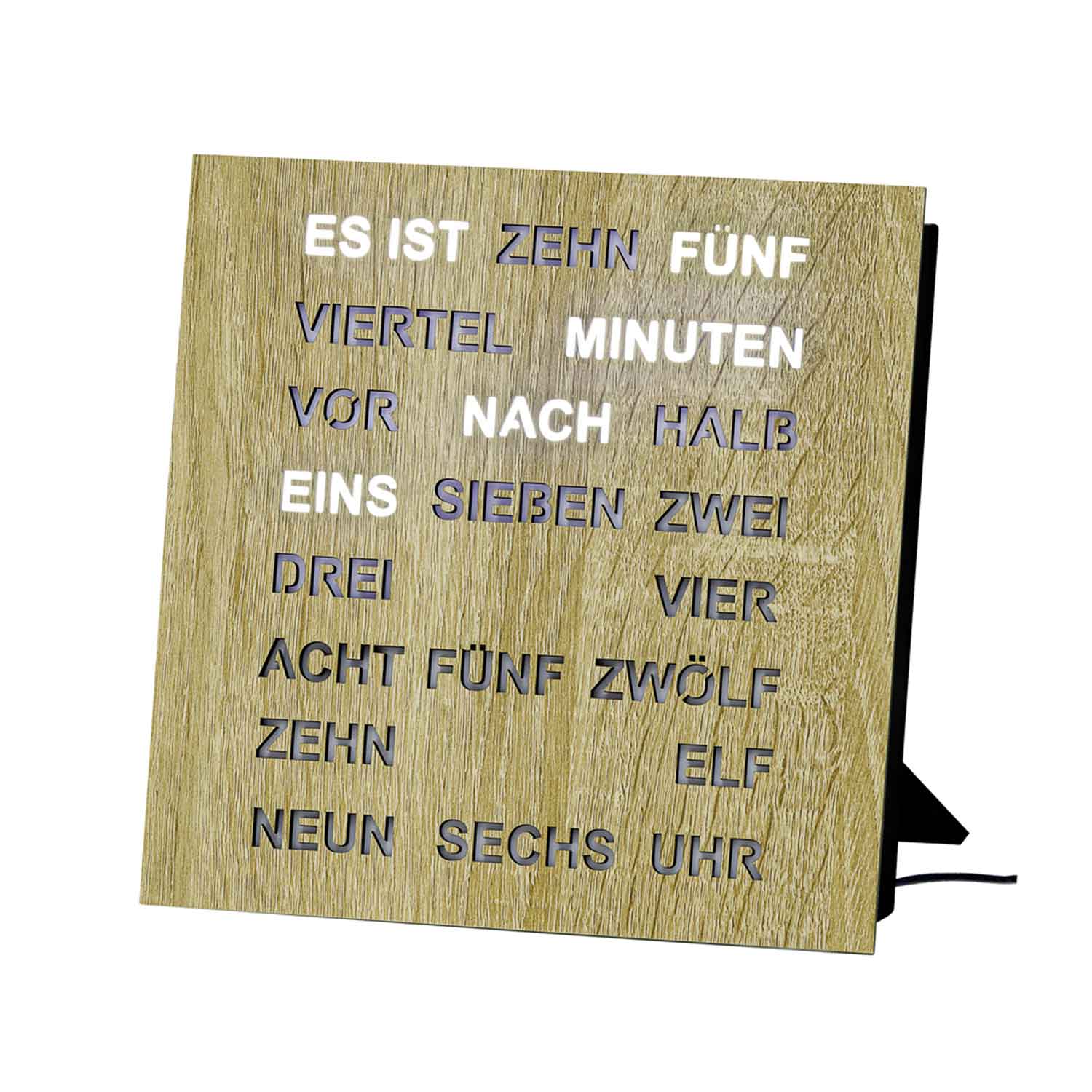 Horloge murale avec affichage de mots à LED aspect bois