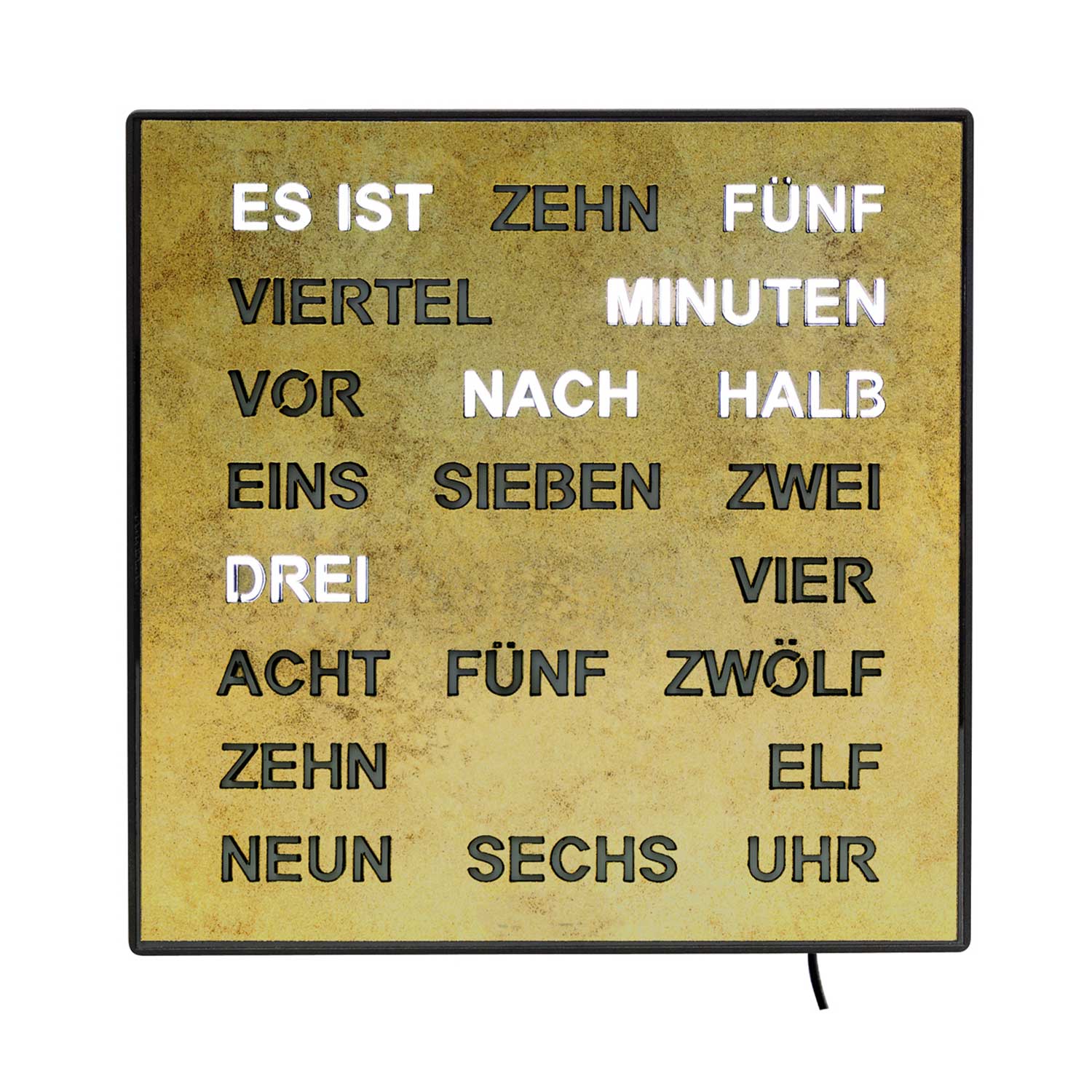 Horloge murale avec affichage LED de mots, cadran carré aspect laiton antique