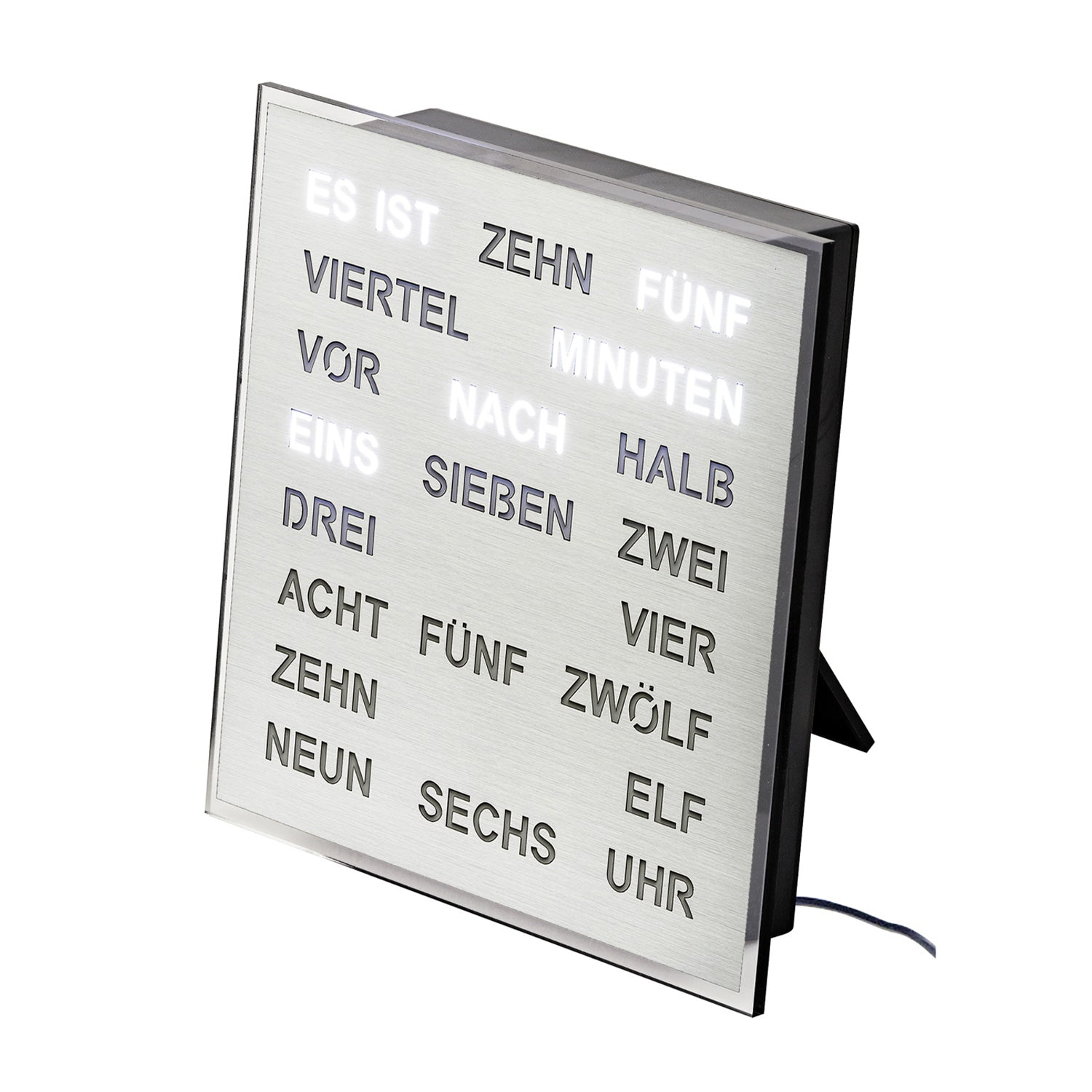 Horloge murale LED avec cadre en aluminium, mots des minutes éclairés en allemand, support et câble