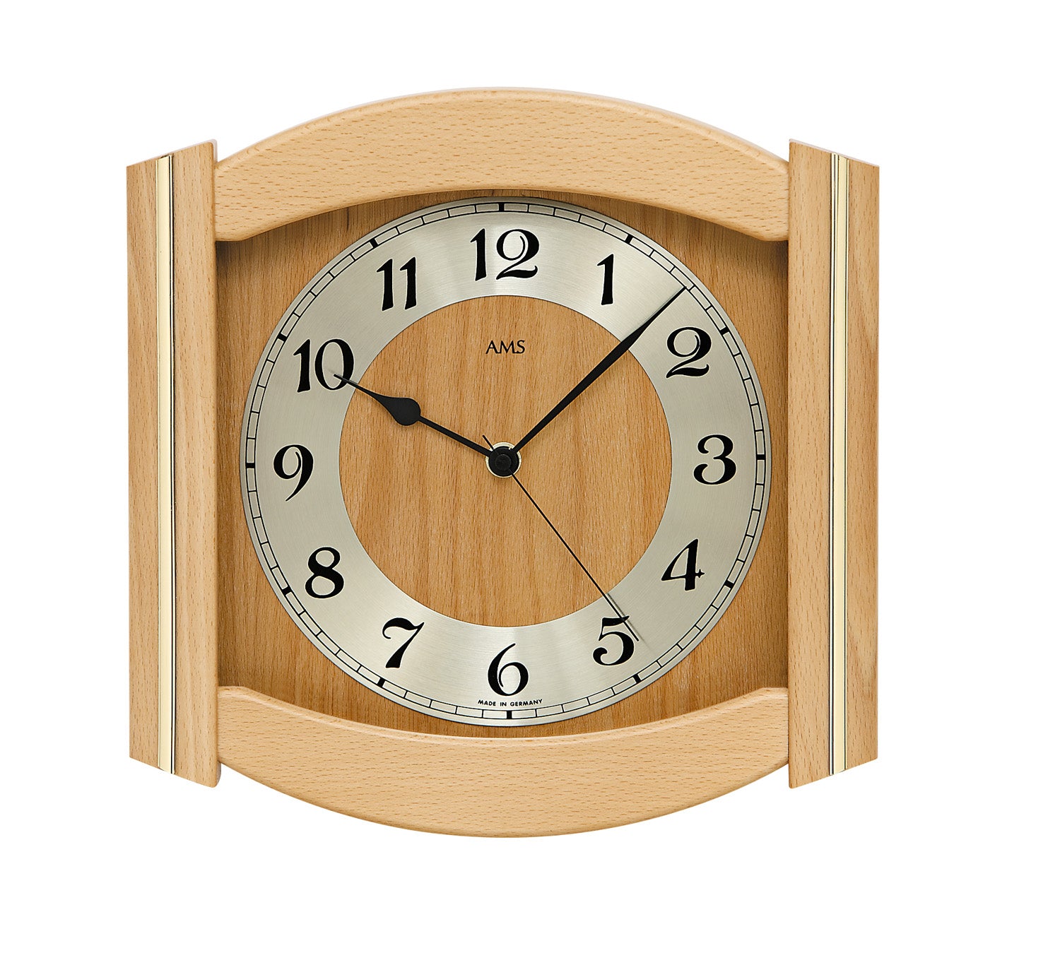 Horloge murale avec boîtier en bois et cadran rond, chiffres romains, affichage AMS