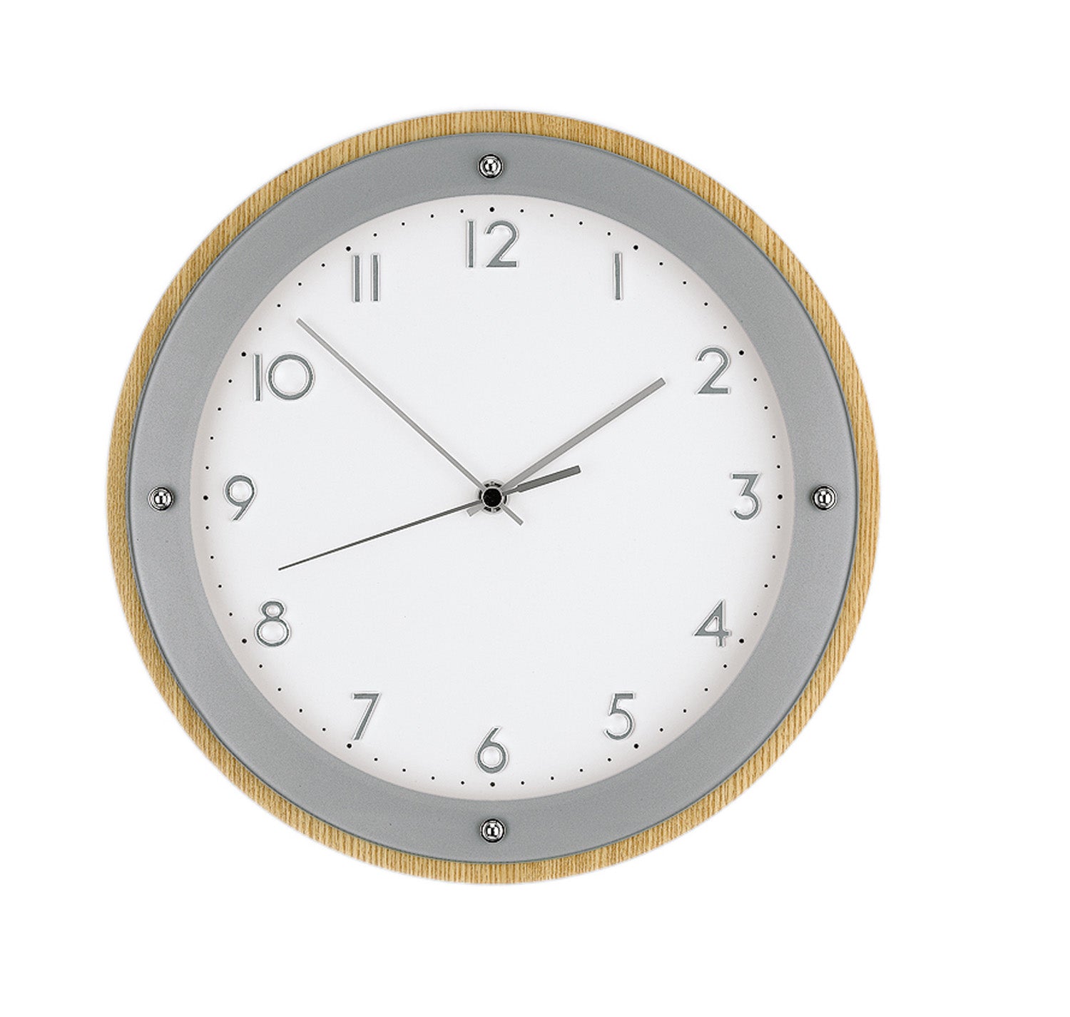 Horloge murale avec cadre en bois plaqué, cadran gris et aiguilles noires.