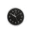 Horloge murale ronde avec cadran noir, chiffres blancs, logo AMS et cadre en métal gris