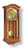 Horloge murale avec boîtier en bois, façade en verre et cadran rond doré.
