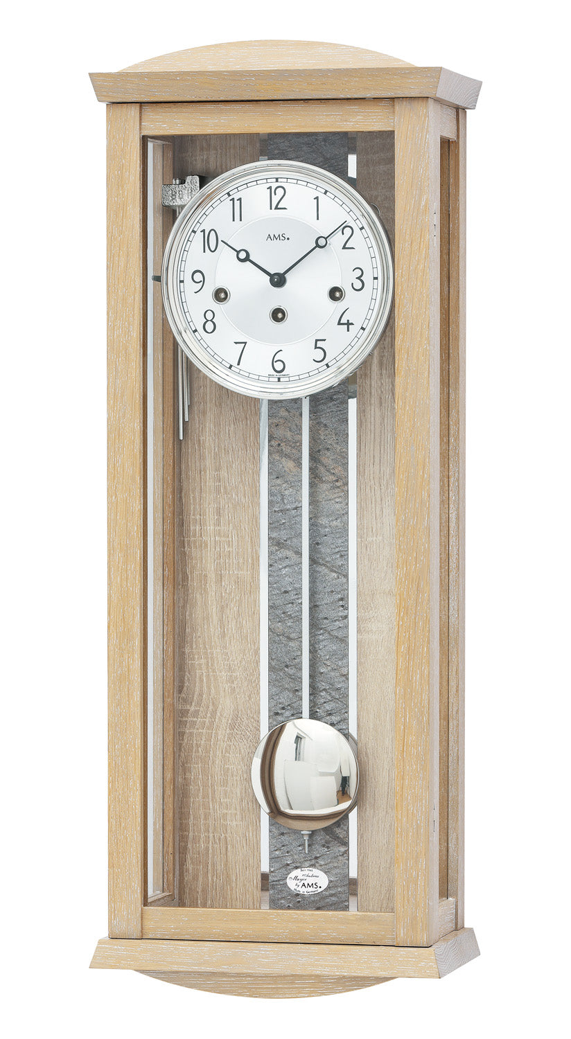 Horloge murale couleur chêne avec boîtier en bois, cadran rond et pendule