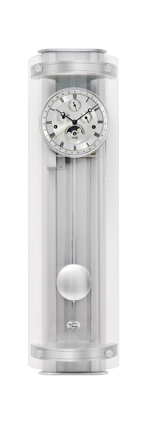 Horloge murale régulateur argentée avec cadran, affichage de la phase lunaire et de la date