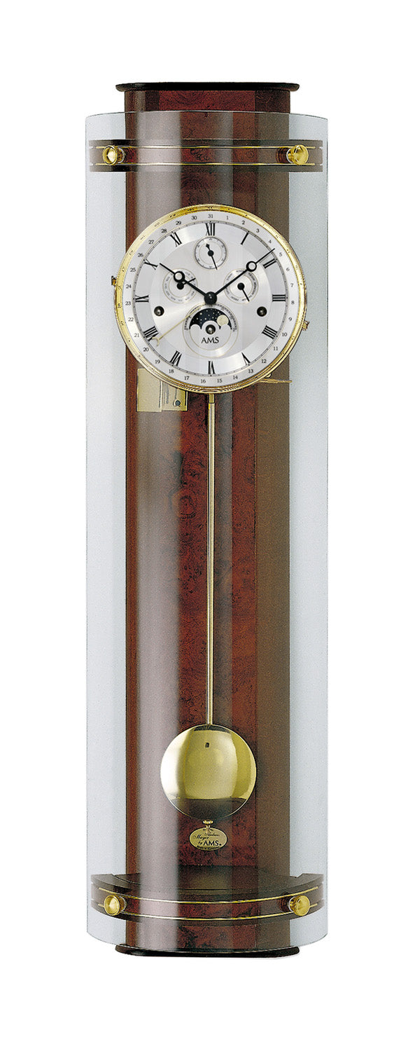 Horloge murale avec boîtier en noyer, cylindre en verre et cadran rond, mécanisme de balancier visible