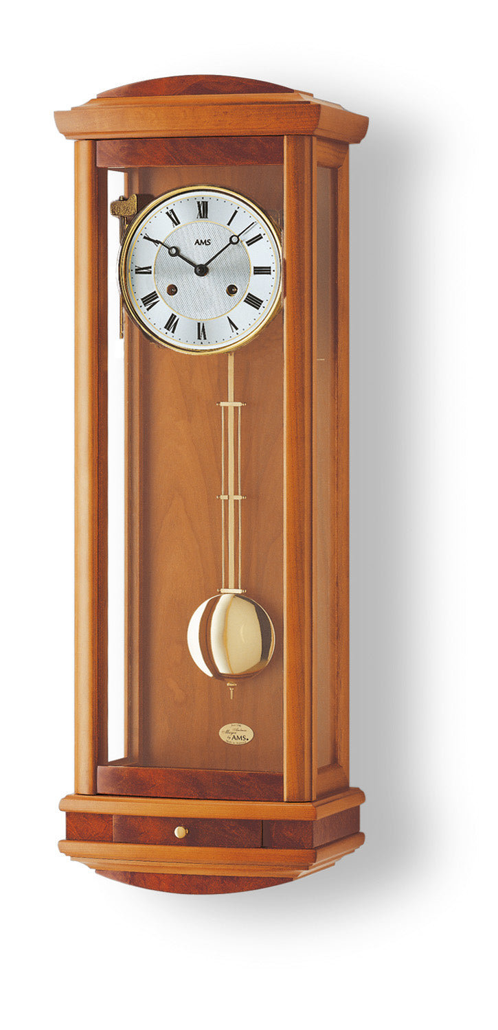 Horloge murale avec boîtier en bois massif finition cerisier, cadran rond et pendule