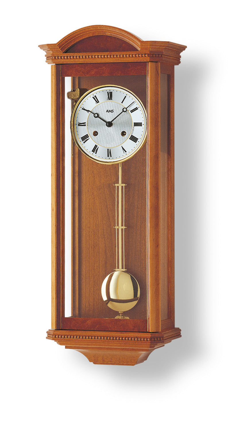 Horloge murale avec boîtier en bois massif aspect cerisier et cadran blanc