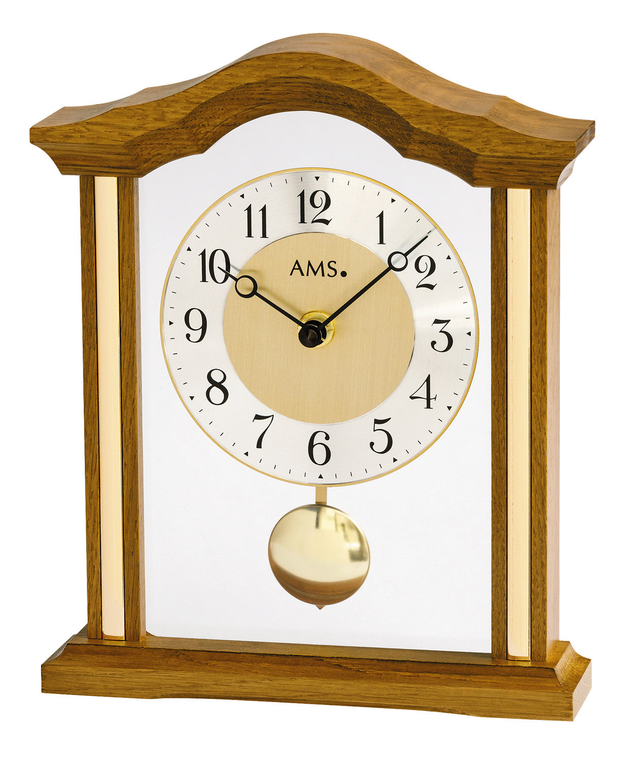 Horloge de table en chêne massif avec pendule dorée et cadran en aluminium