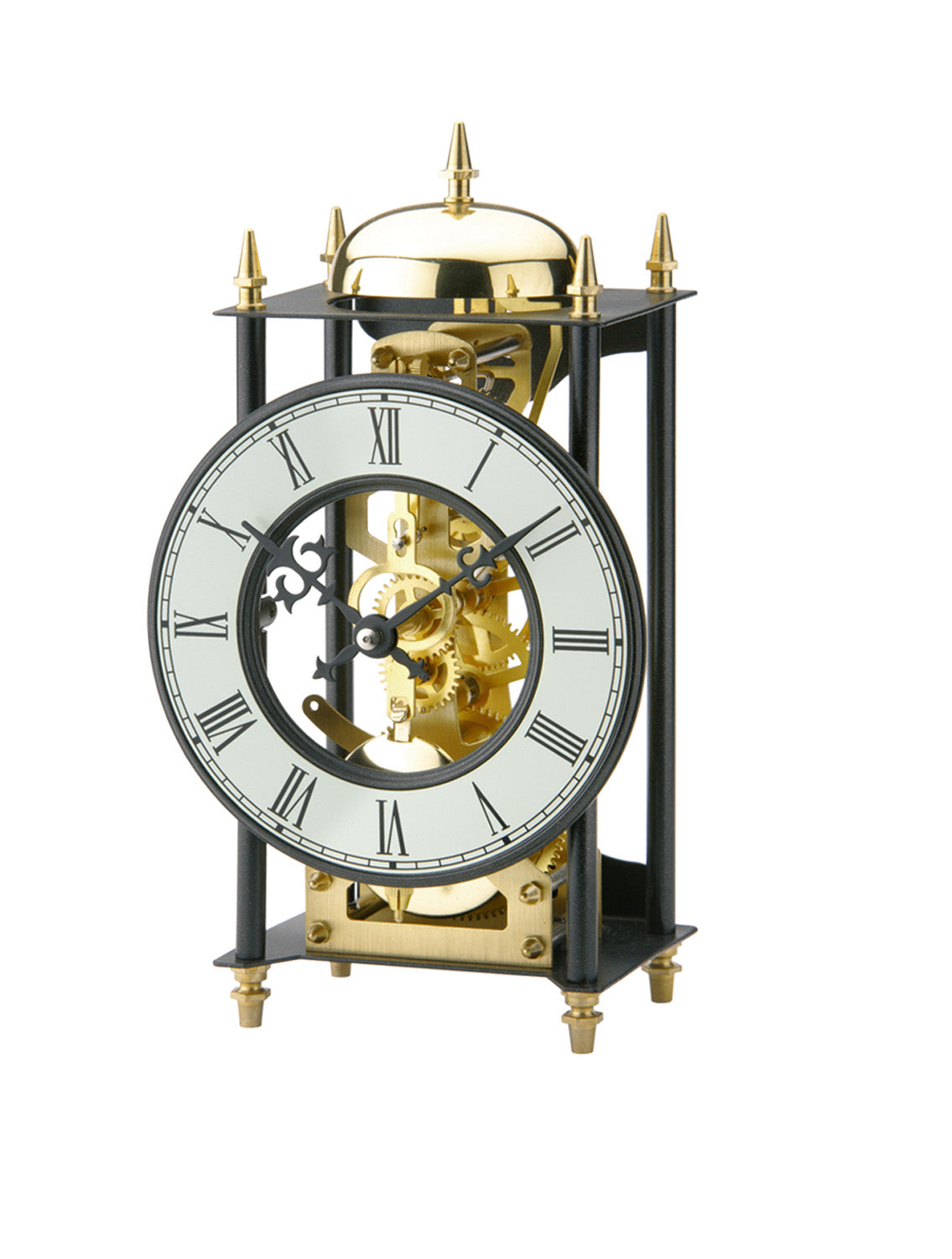 Horloge de table noire avec mouvement plaqué or, cadran romain et cloche sur le dessus