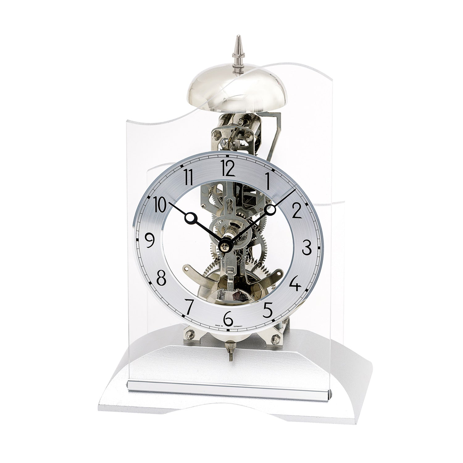 Horloge de table argentée avec cadran rond et mouvement visible sous verre