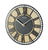 Table de chevet ronde avec cadran gris, incrustations aspect bois et cadre en métal, logo AMS